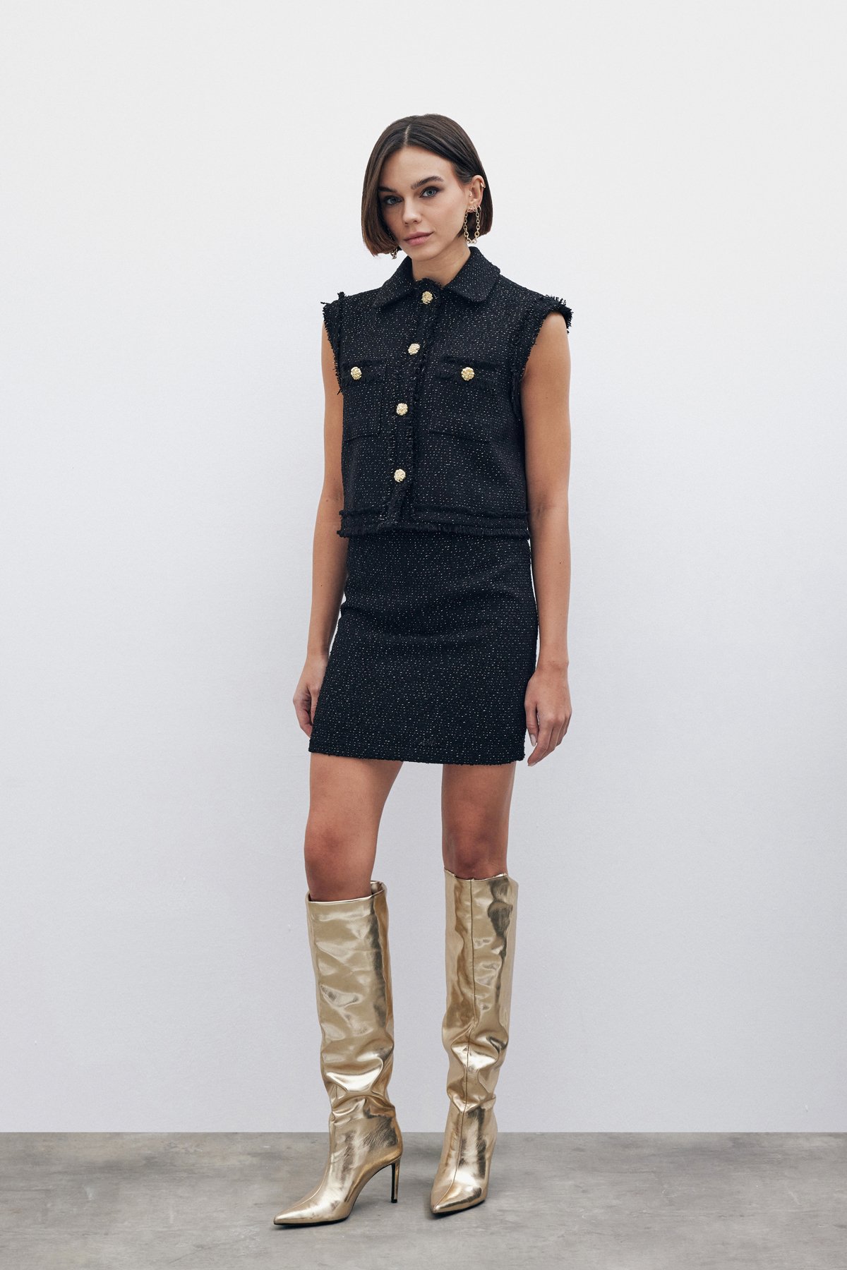 Simli Mini Tüvit Etek - SİYAH