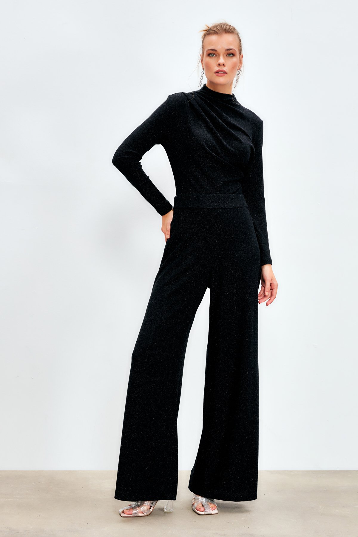 Simli Salaş Pantolon - SİYAH