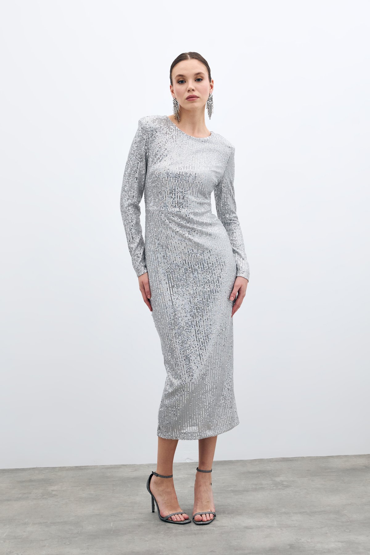 Sırt Dekolteli Payet Elbise - Gümüş