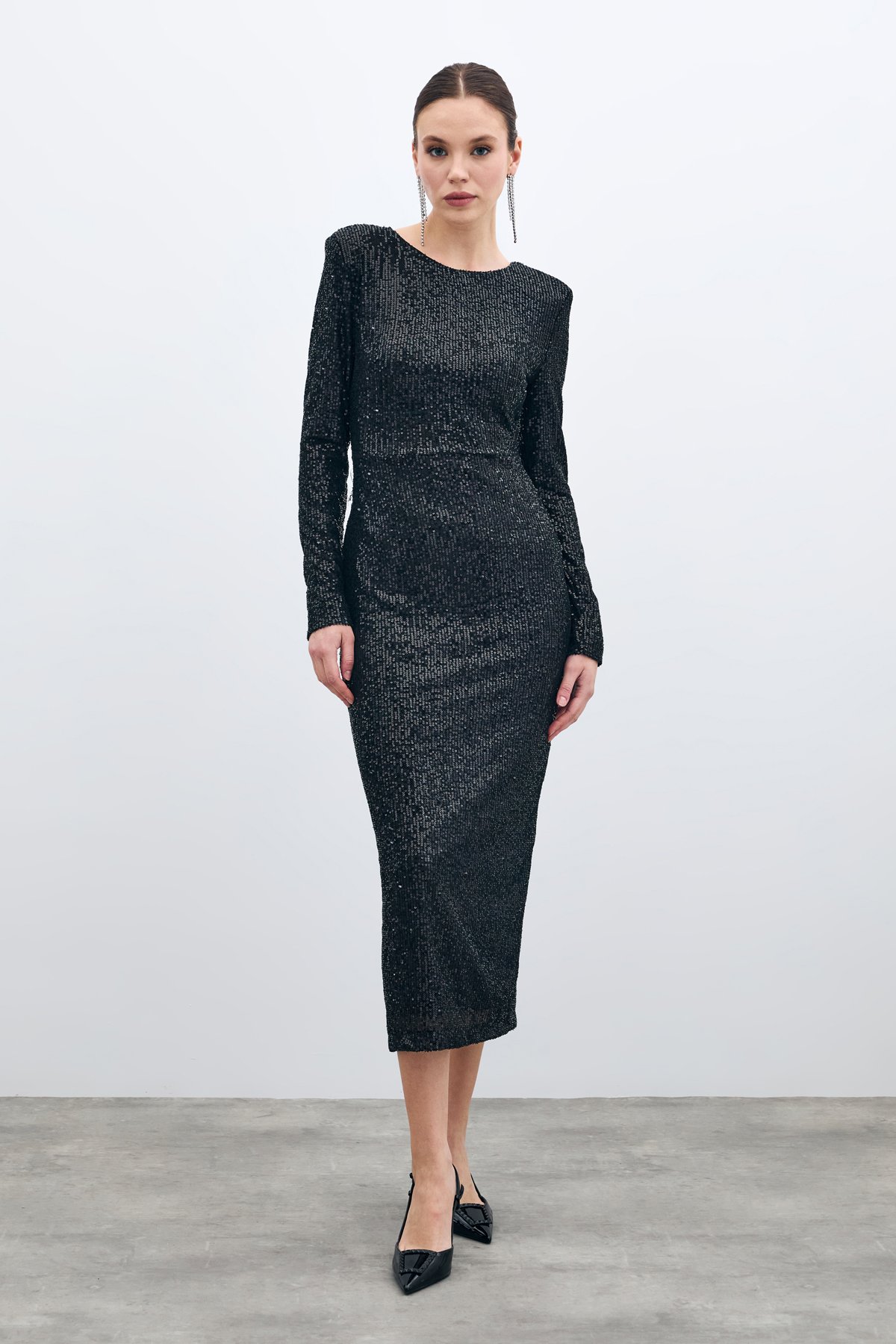 Sırt Dekolteli Payet Elbise - Siyah