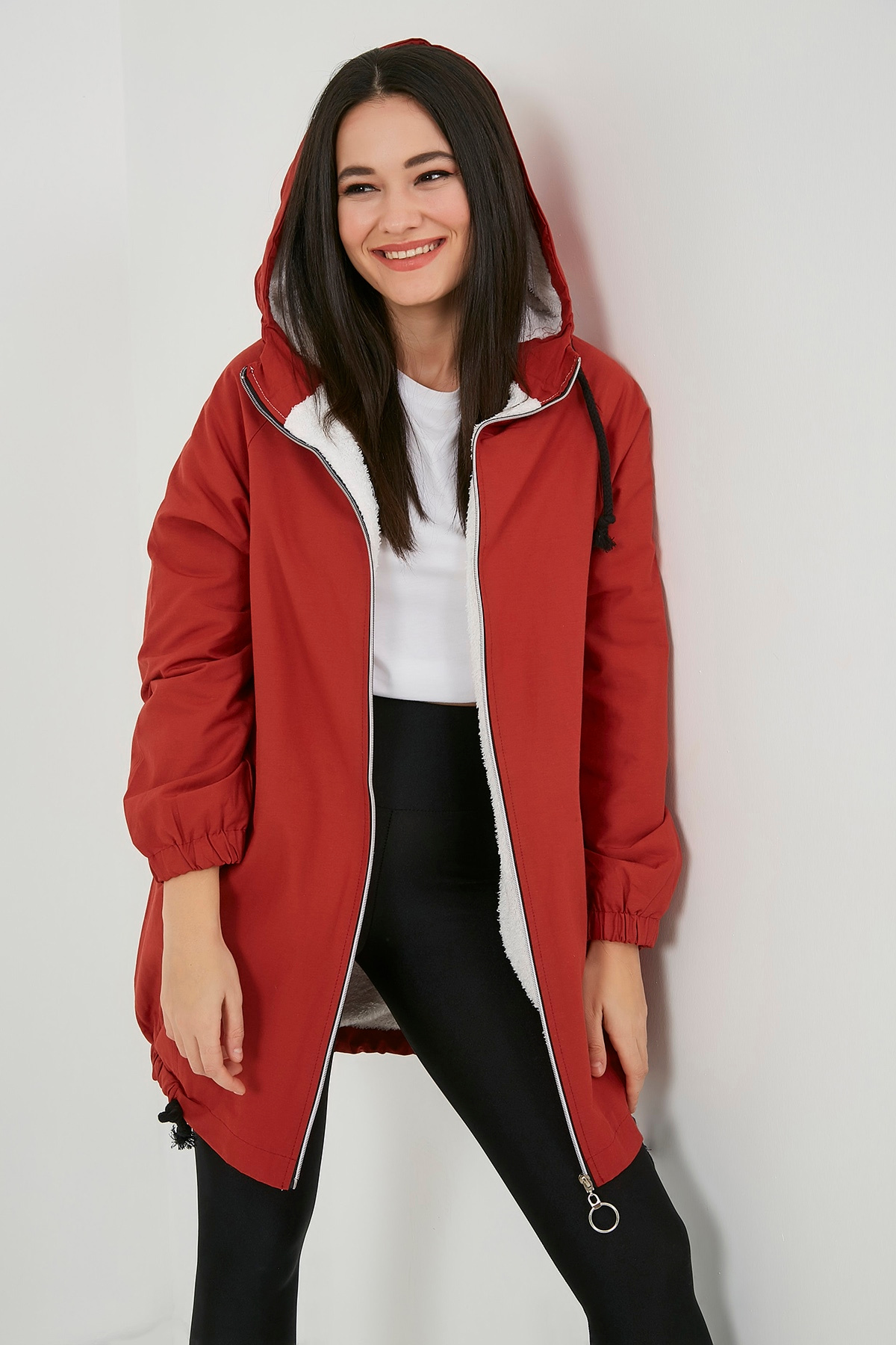 Sırt Fermuar İçi Peluş Parka - KİREMİT