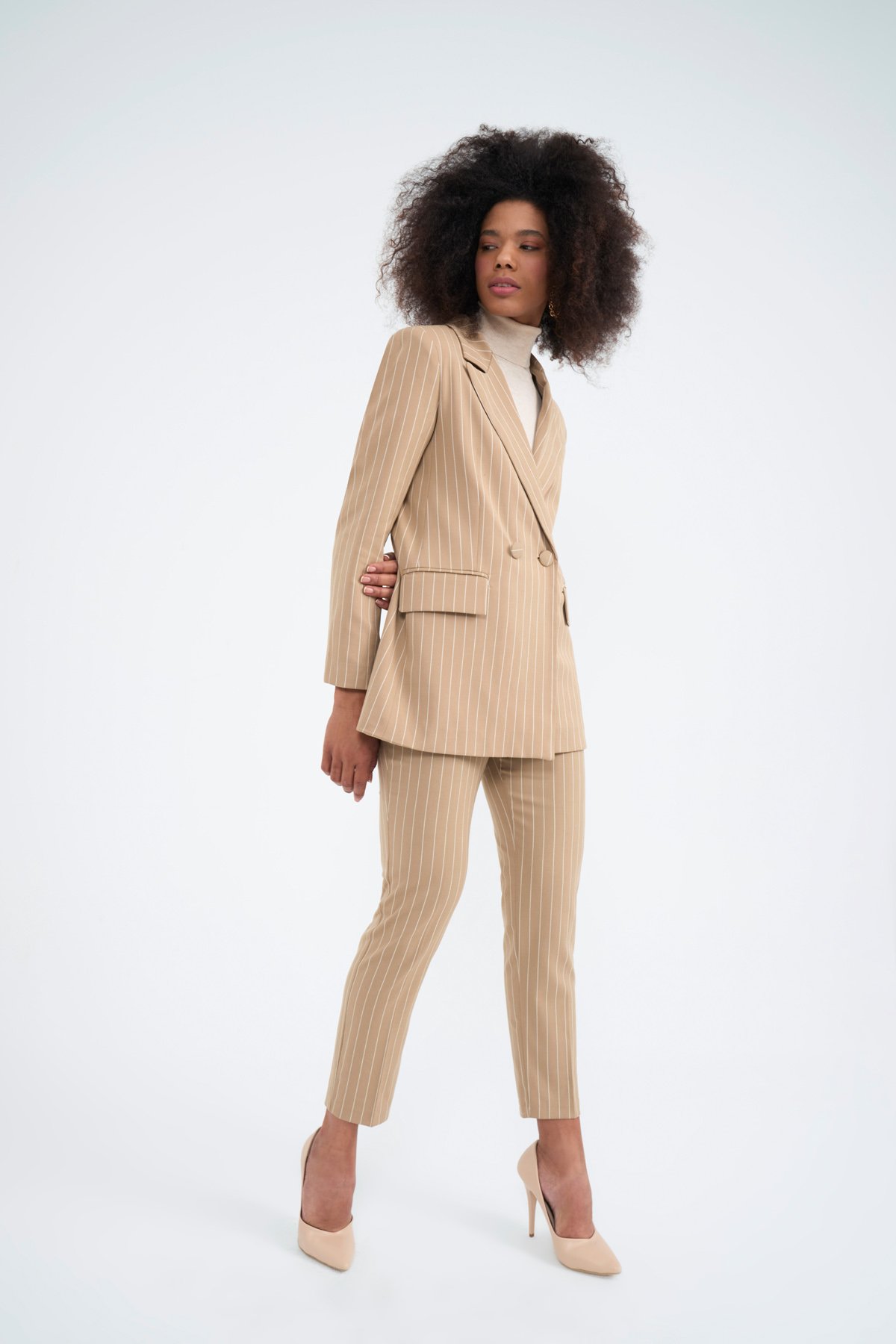 Straight çizgili pantolon - BEJ