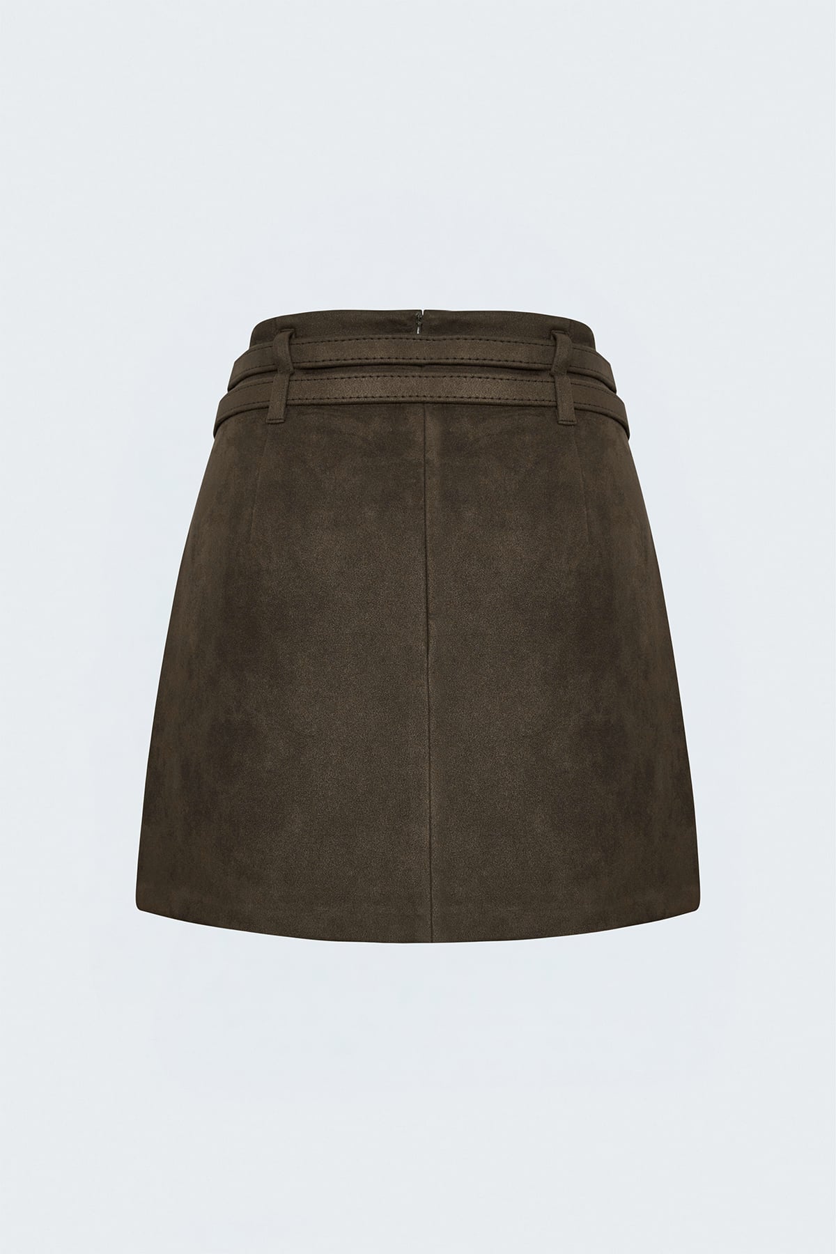 Suede Double-Belt Mini Skirt - Brown
