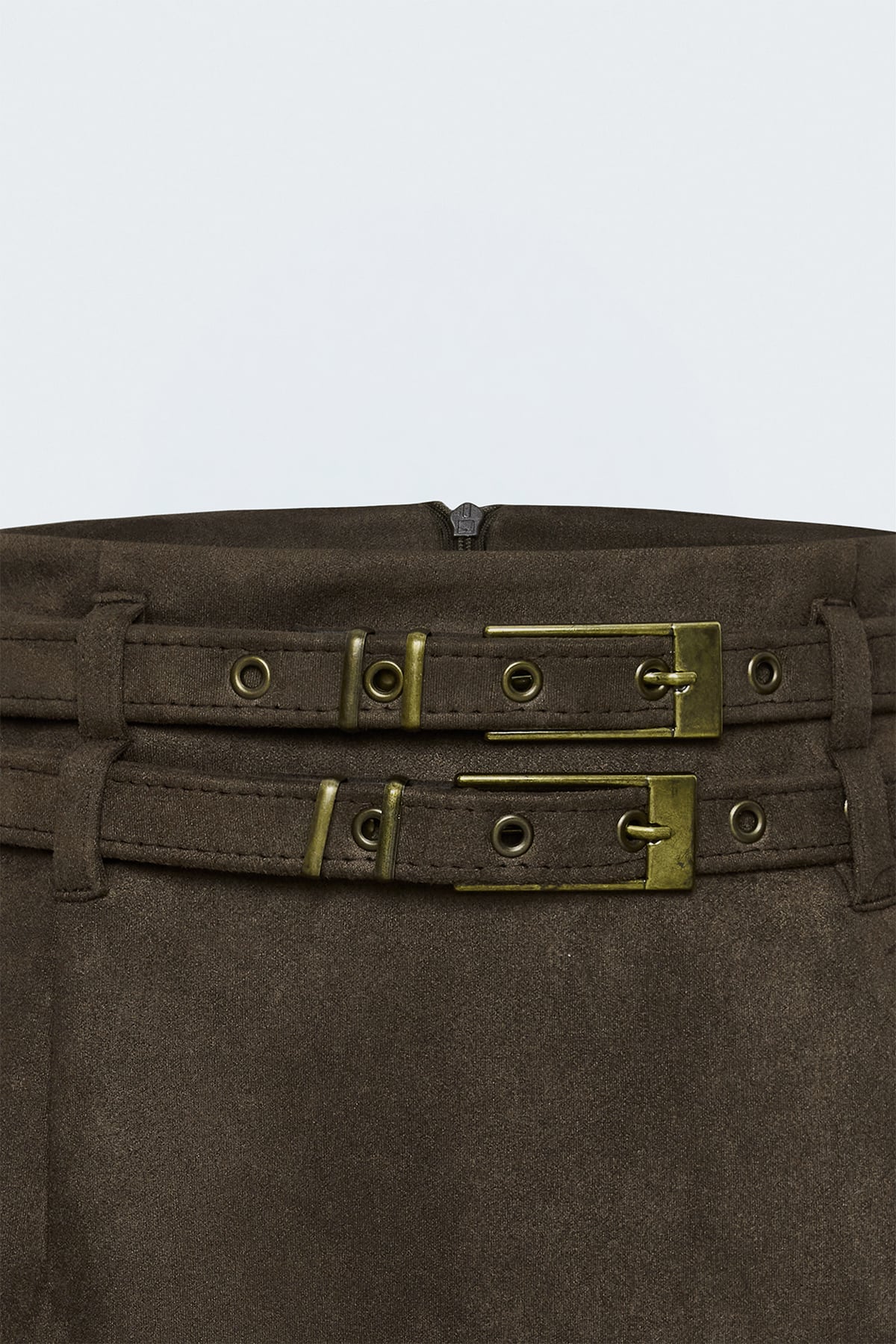 Suede Double-Belt Mini Skirt - Brown