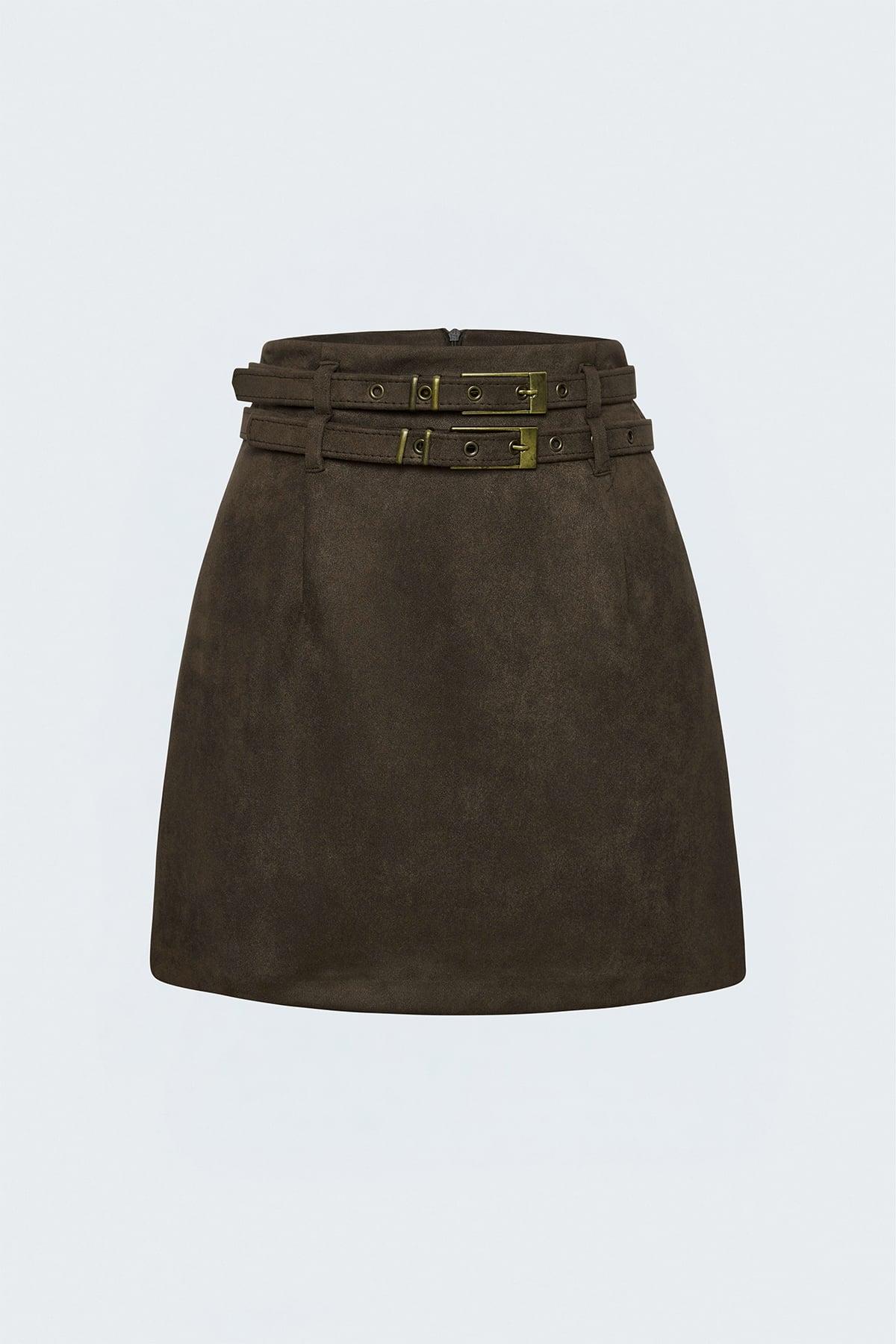 Suede Double-Belt Mini Skirt - Brown