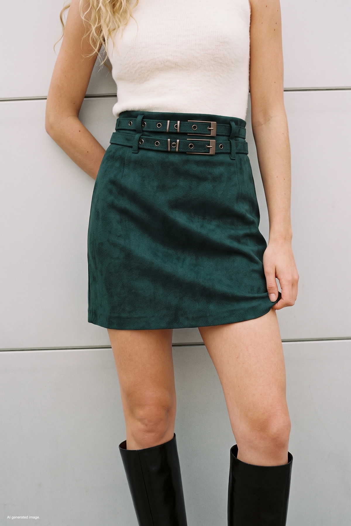 Suede Double-Belt Mini Skirt - Emerald
