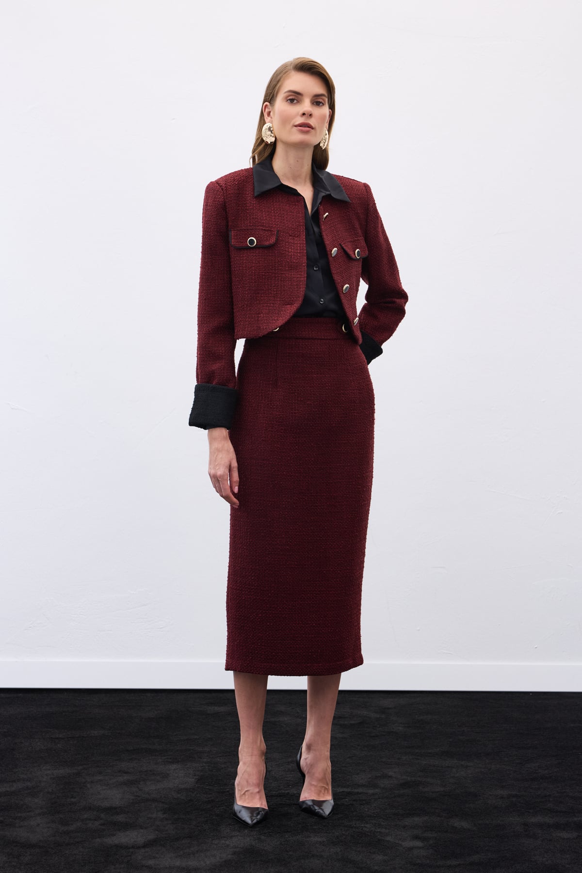 Tweed Pencil Skirt with Decorative Buttons - Maroon