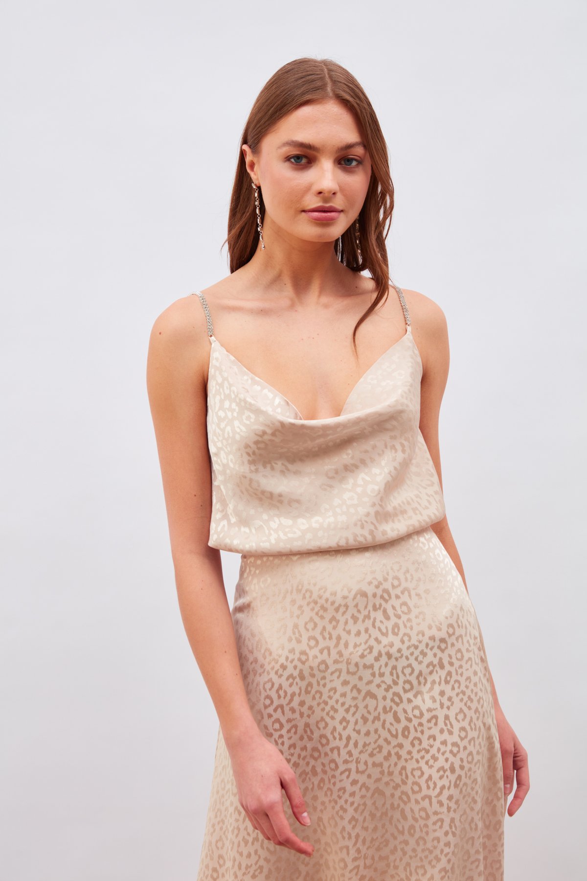 Taş Askılı Saten Bluz - BEJ