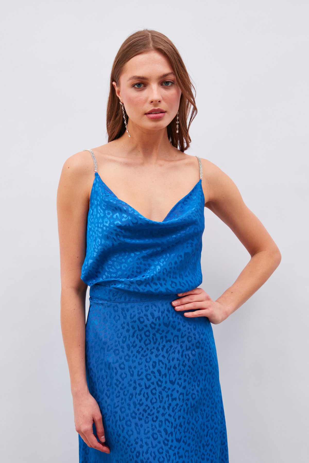 Taş Askılı Saten Bluz - SAX MAVİ