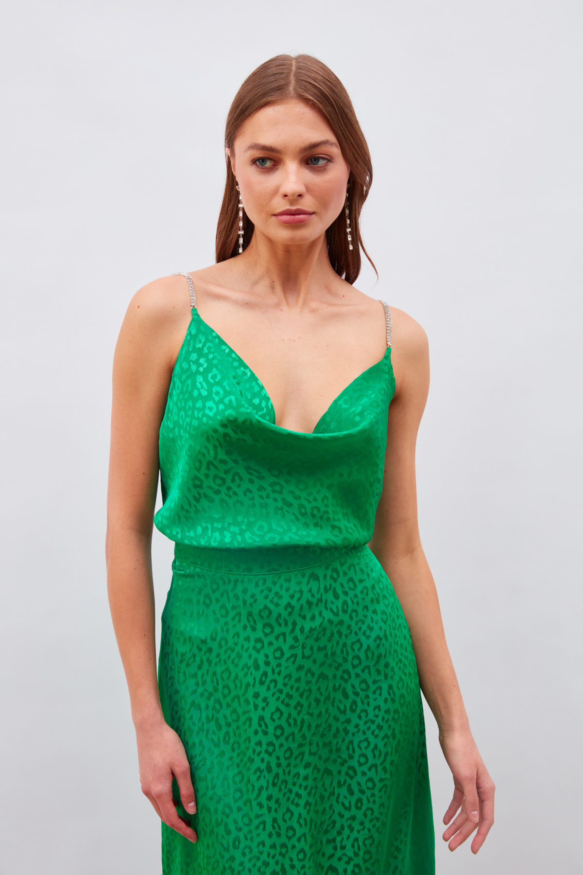 Taş Askılı Saten Bluz - YEŞİL