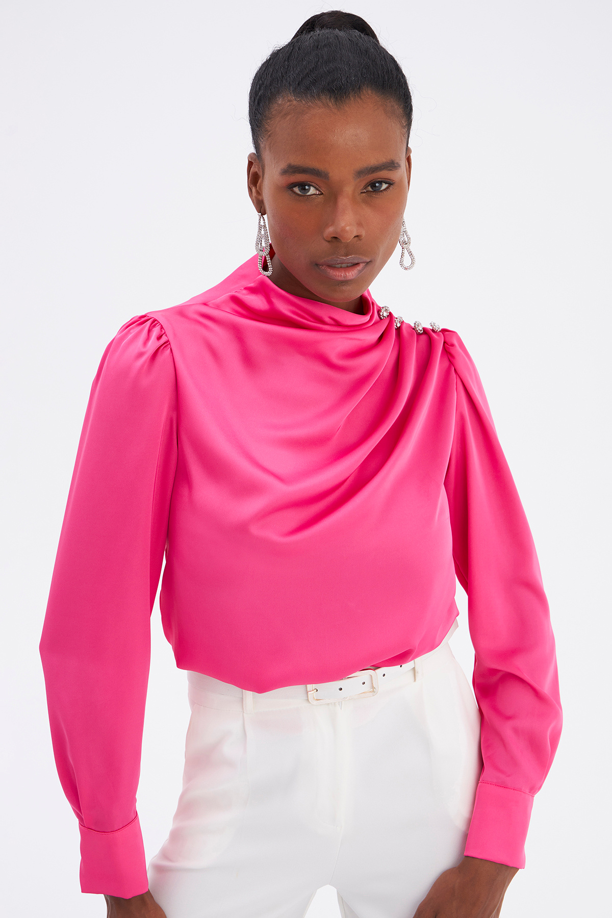Stone Detailed Satin Blouse - PINK