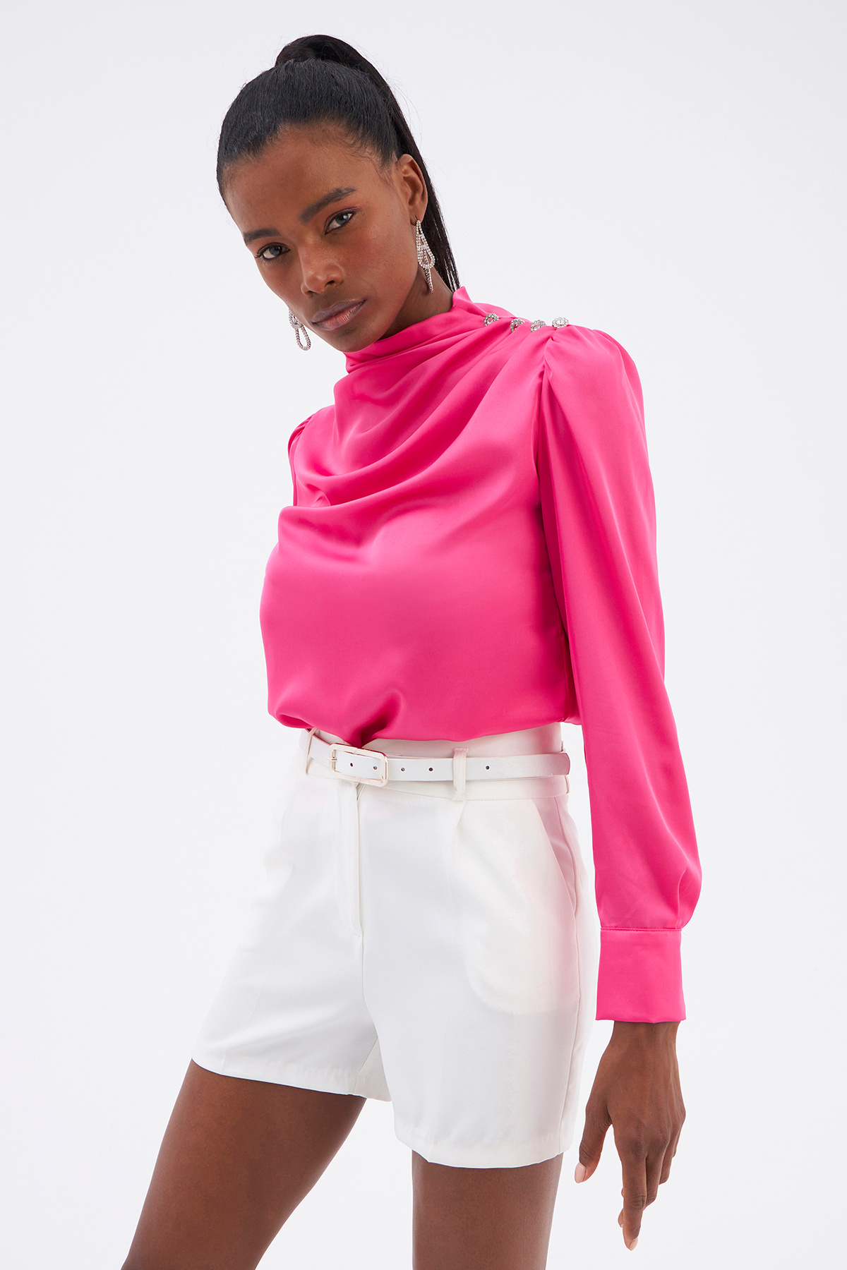 Stone Detailed Satin Blouse - PINK