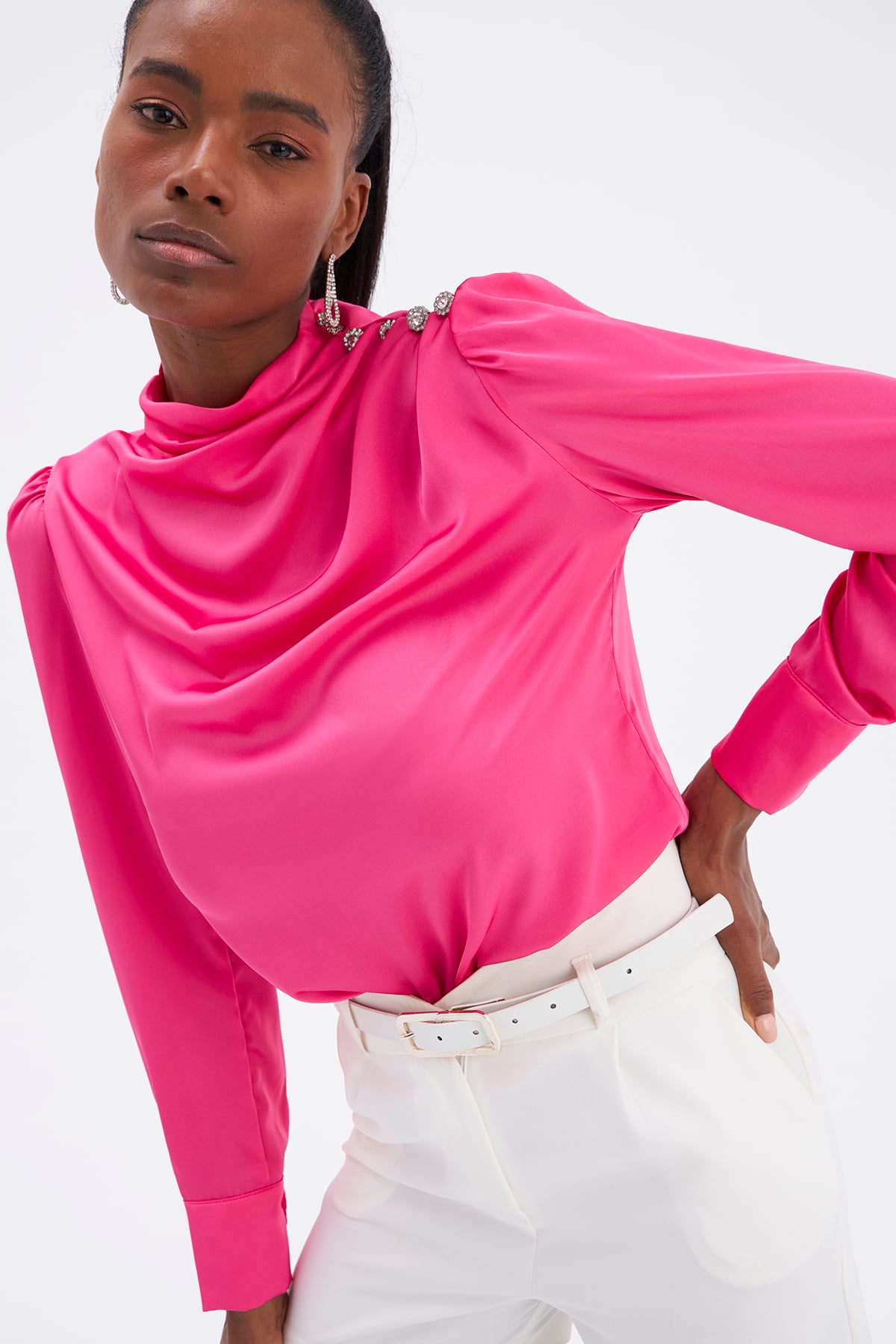 Stone Detailed Satin Blouse - PINK