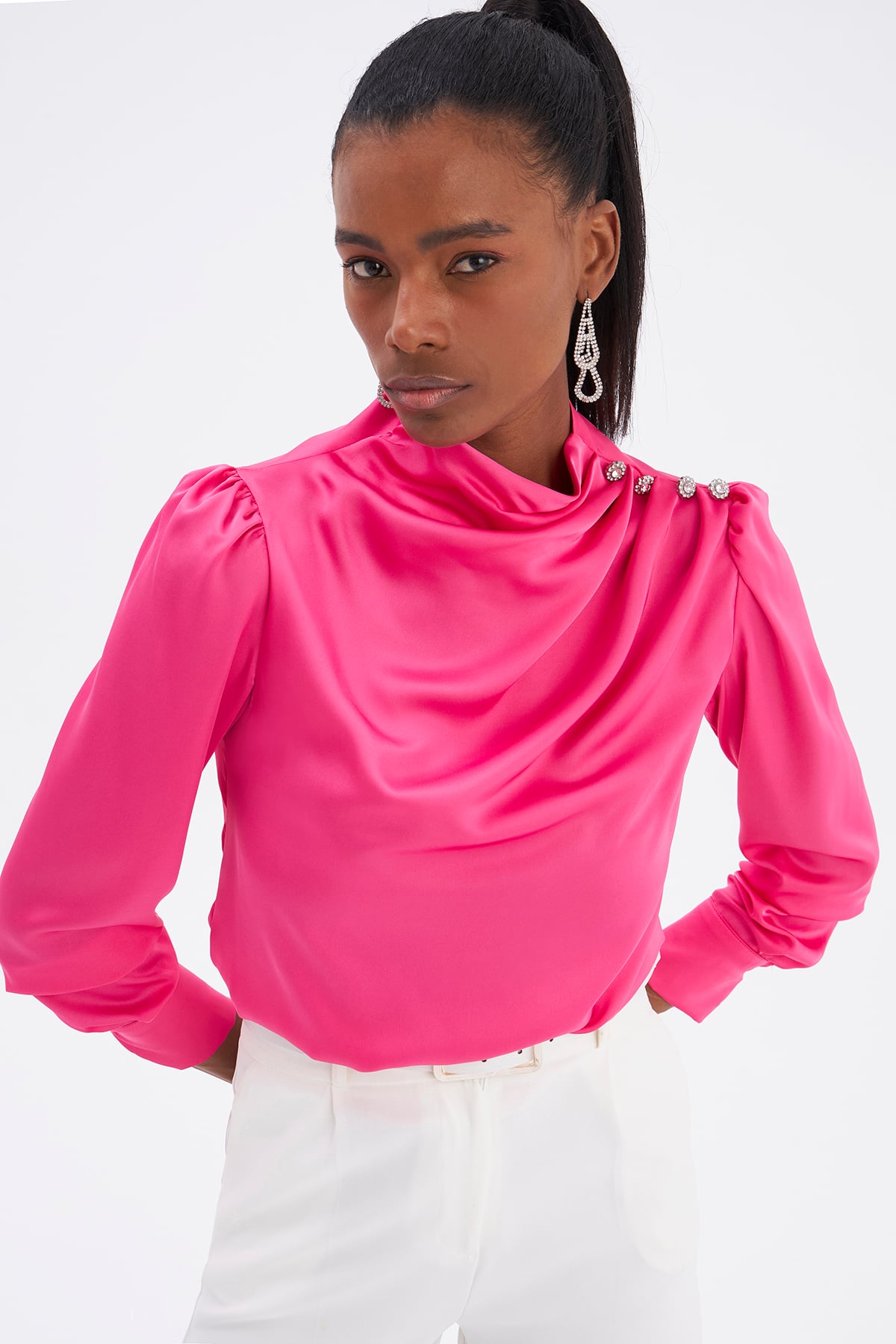 Stone Detailed Satin Blouse - PINK