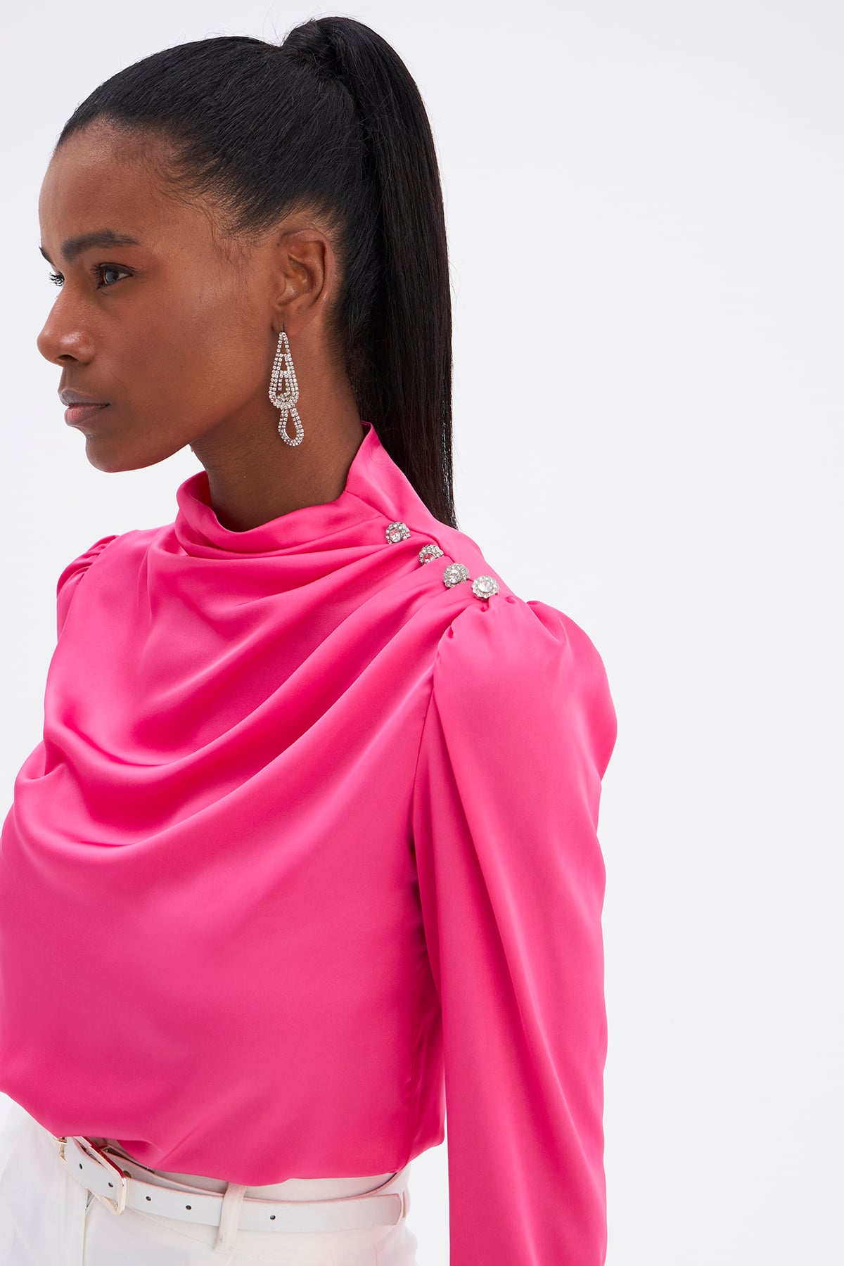 Stone Detailed Satin Blouse - PINK