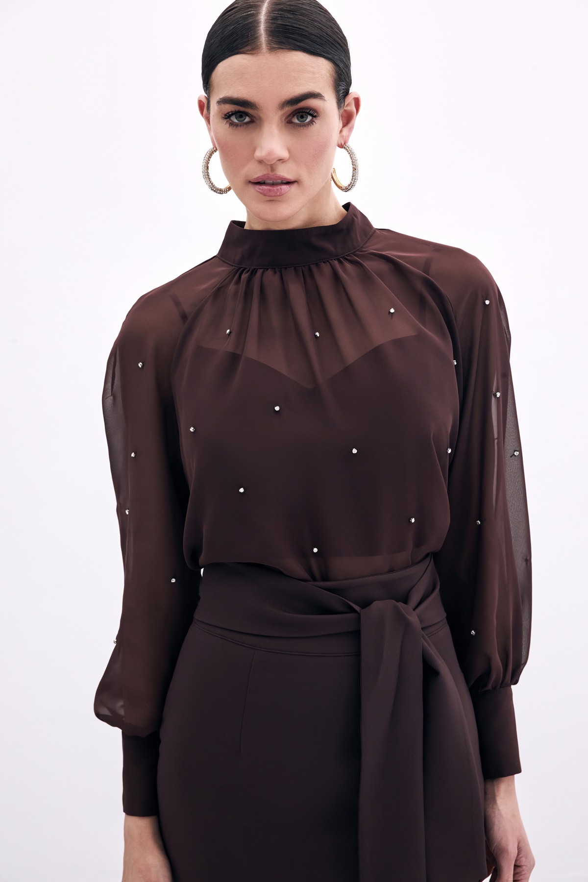 Taş Detaylı Transparan Bluz - Kahve