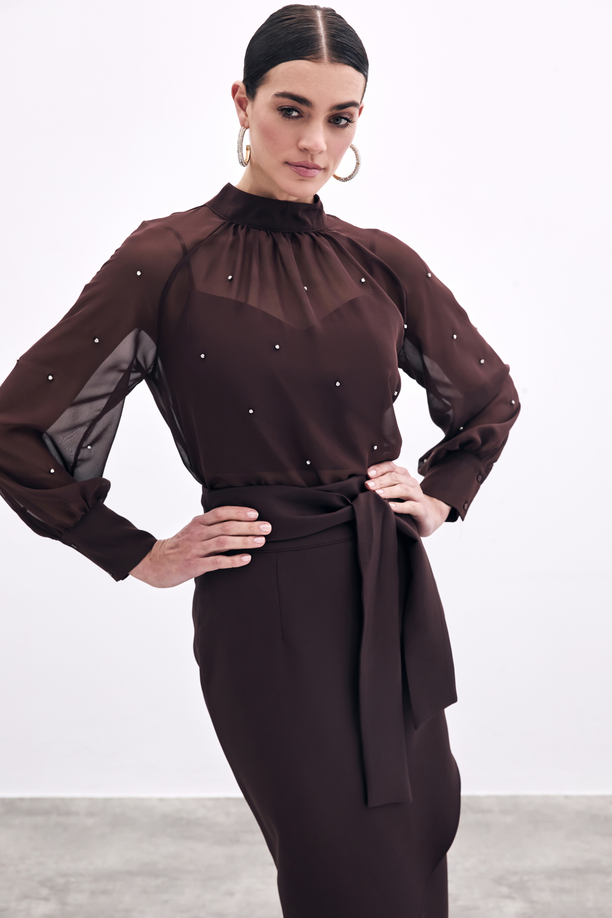 Taş Detaylı Transparan Bluz - Kahve