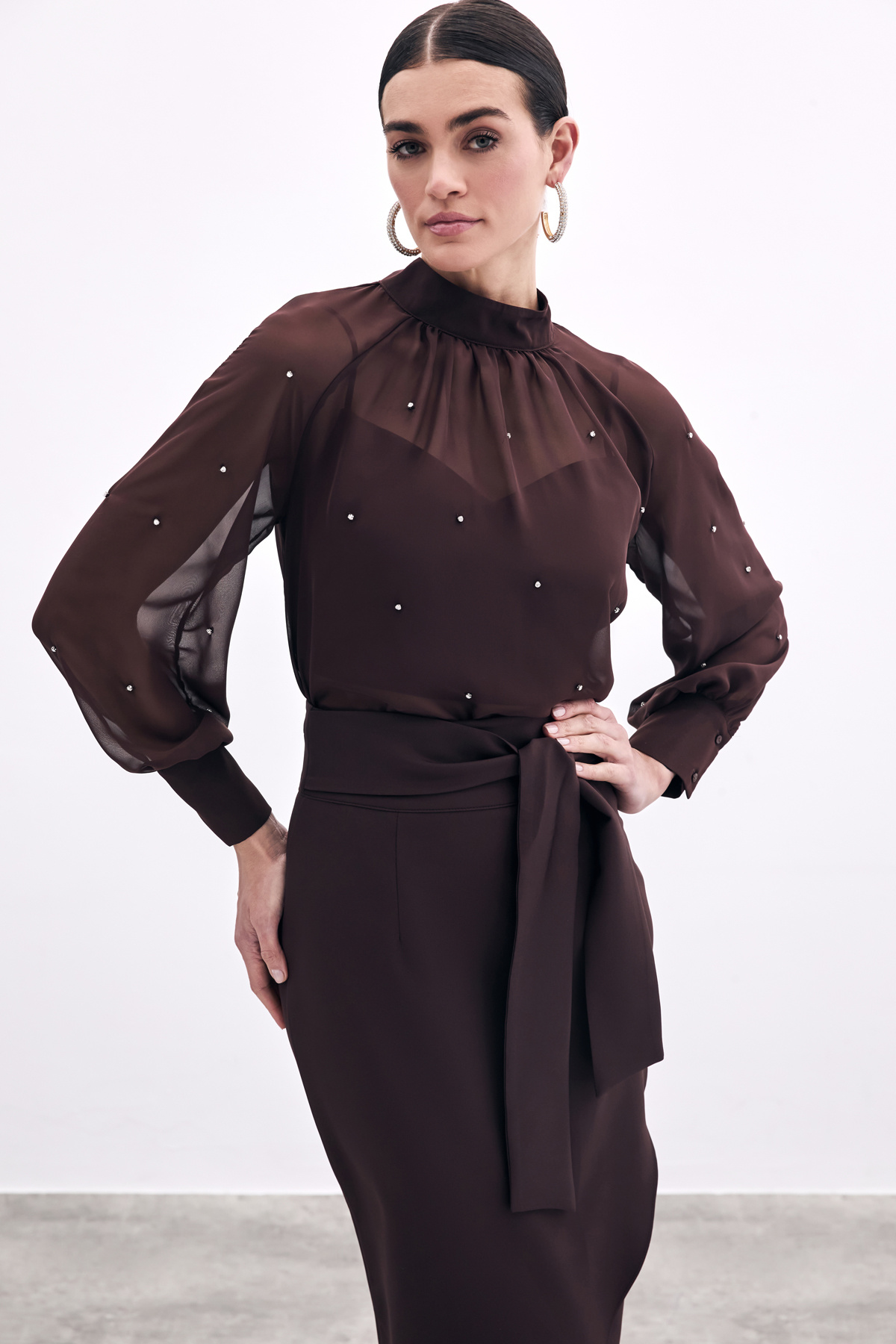 Taş Detaylı Transparan Bluz - Kahve