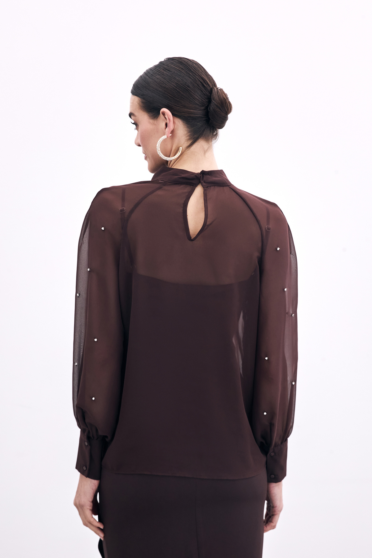 Taş Detaylı Transparan Bluz - Kahve