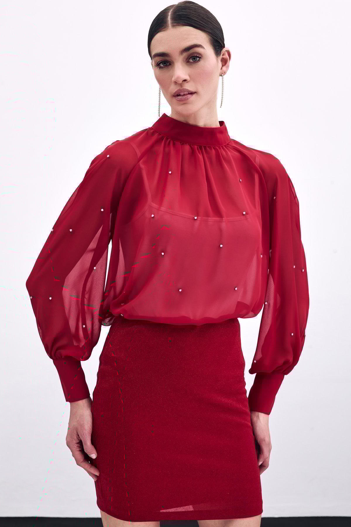 Taş Detaylı Transparan Bluz - Kırmızı