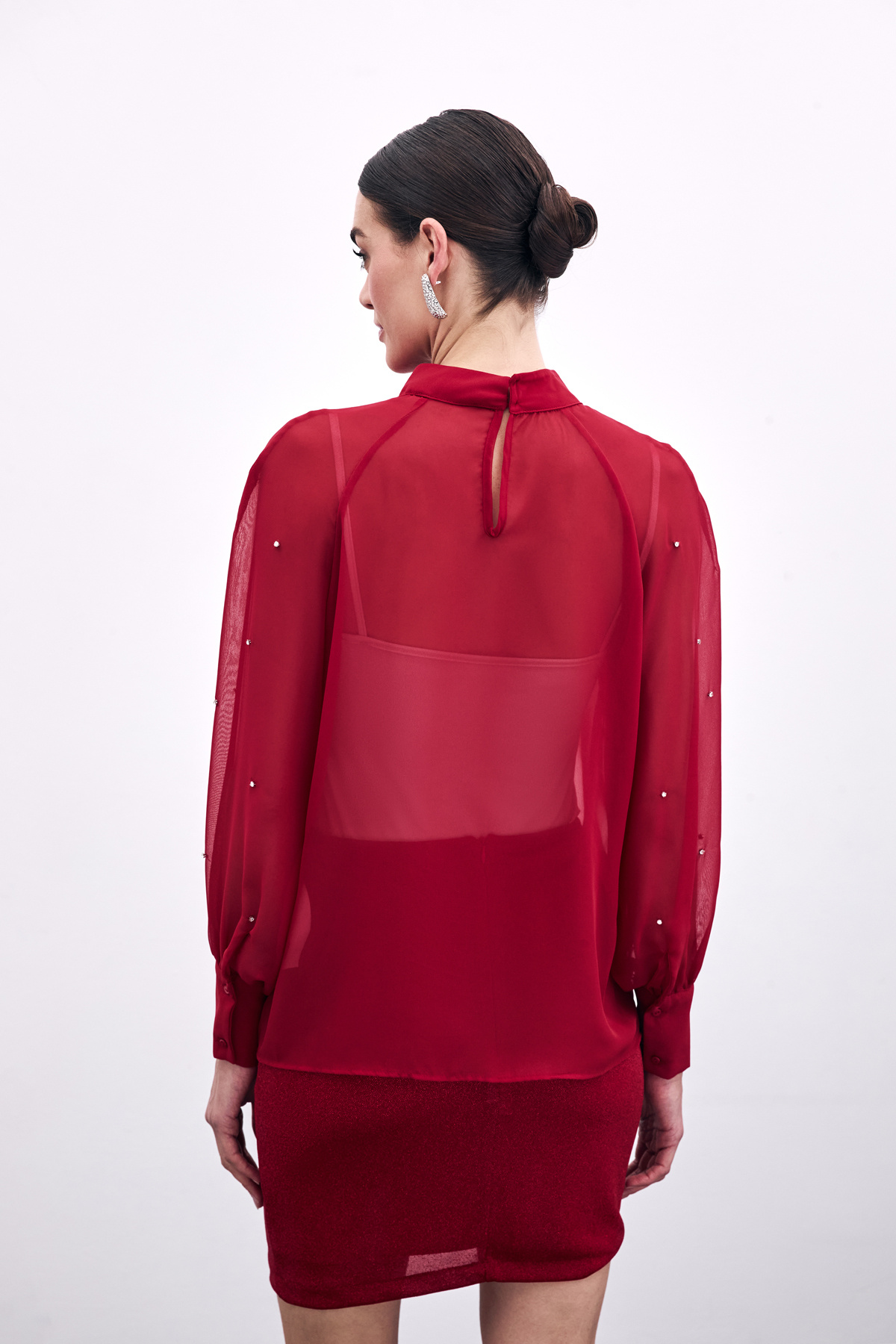 Taş Detaylı Transparan Bluz - Kırmızı