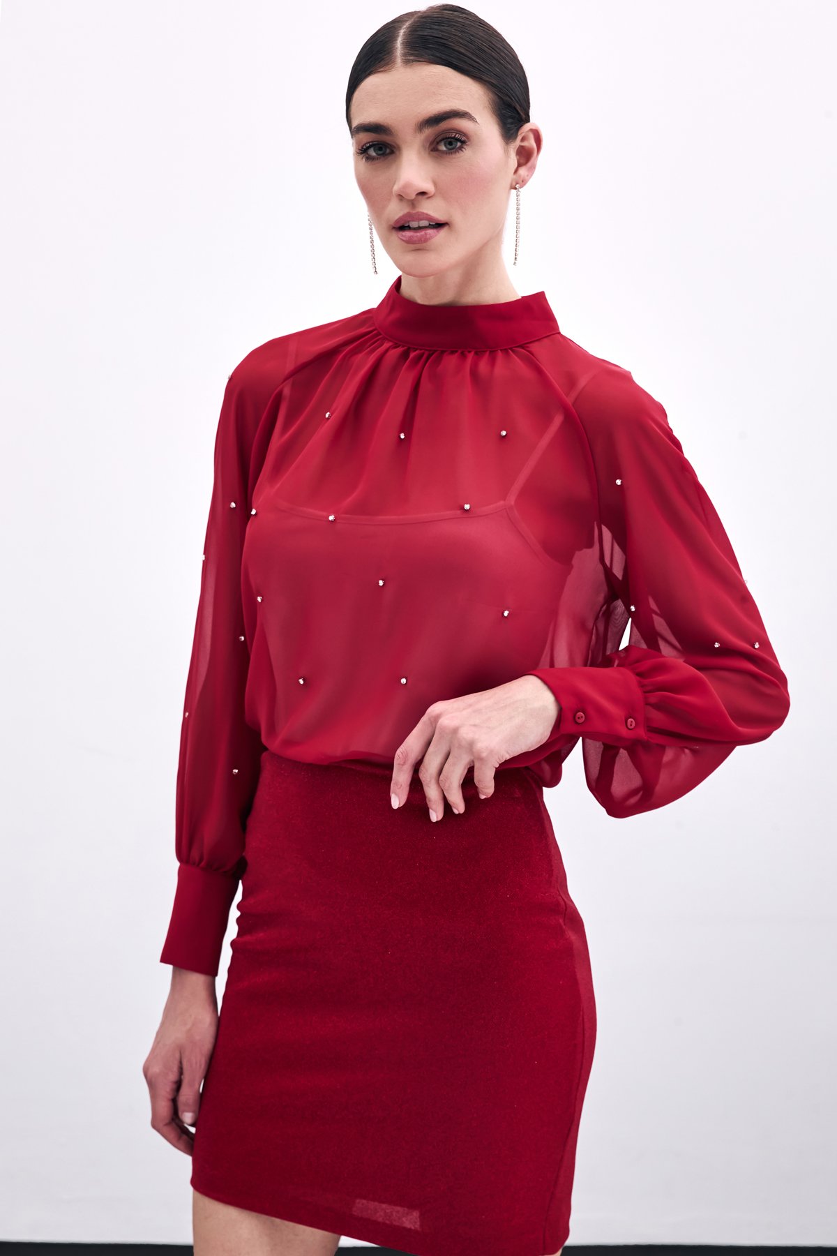 Taş Detaylı Transparan Bluz - Kırmızı