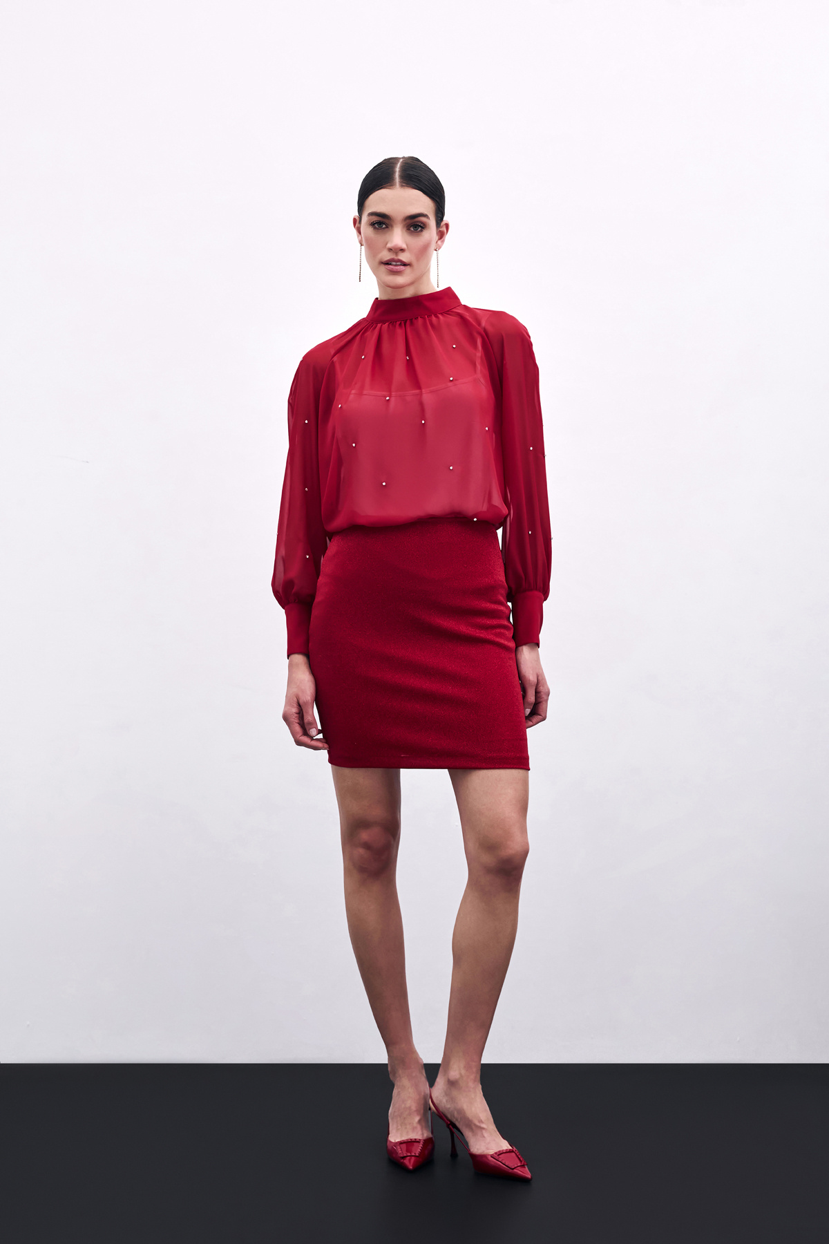 Taş Detaylı Transparan Bluz - Kırmızı