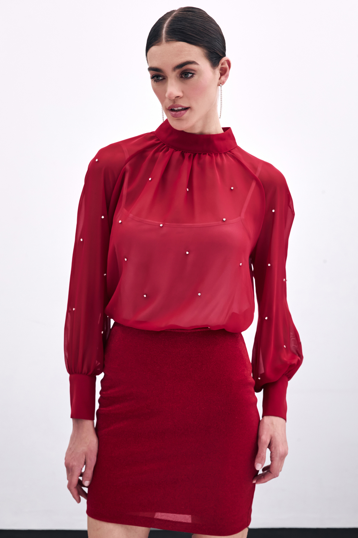 Taş Detaylı Transparan Bluz - Kırmızı