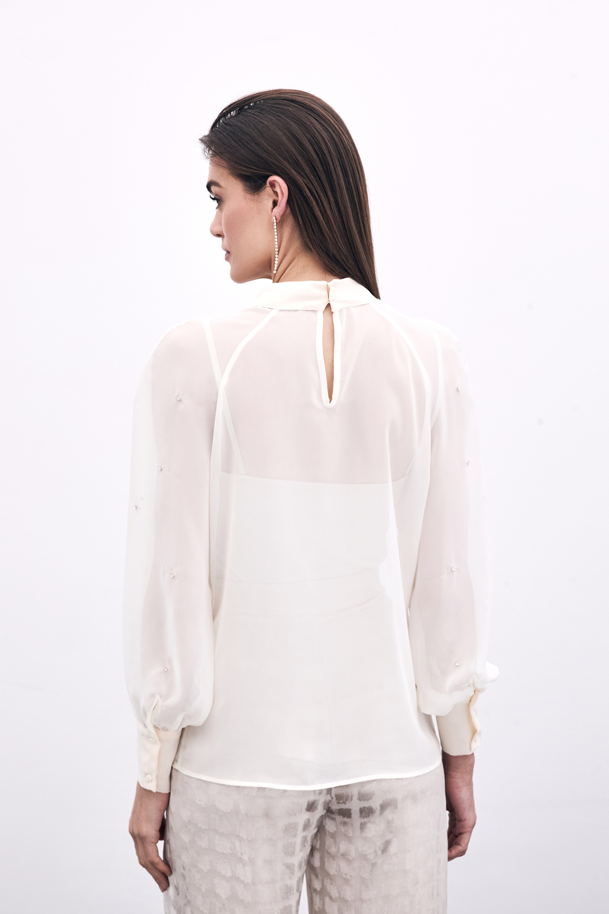 Taş Detaylı Transparan Bluz - Krem