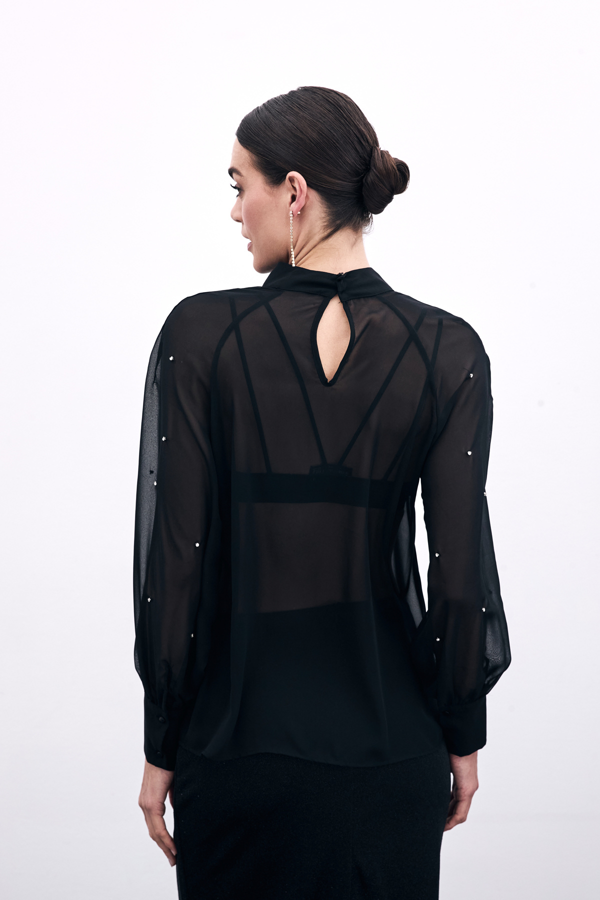 Taş Detaylı Transparan Bluz - Siyah