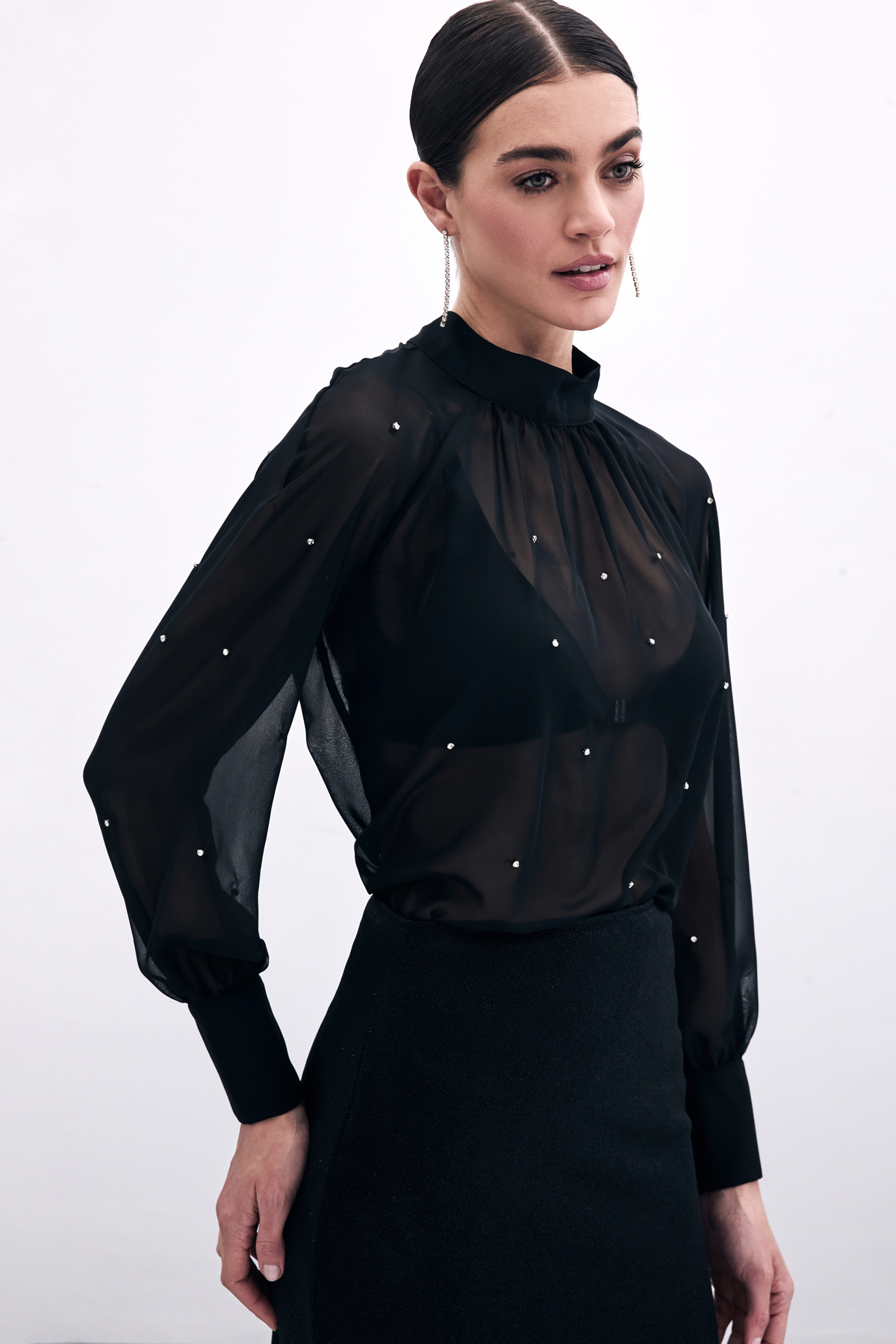 Taş Detaylı Transparan Bluz - Siyah