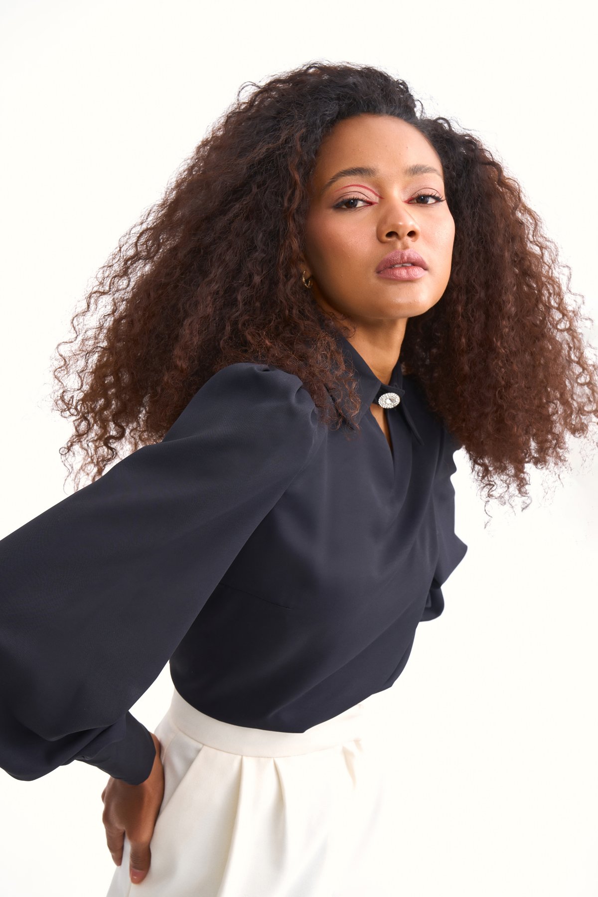 Stone buttoned shirt collar blouse - BLACK
