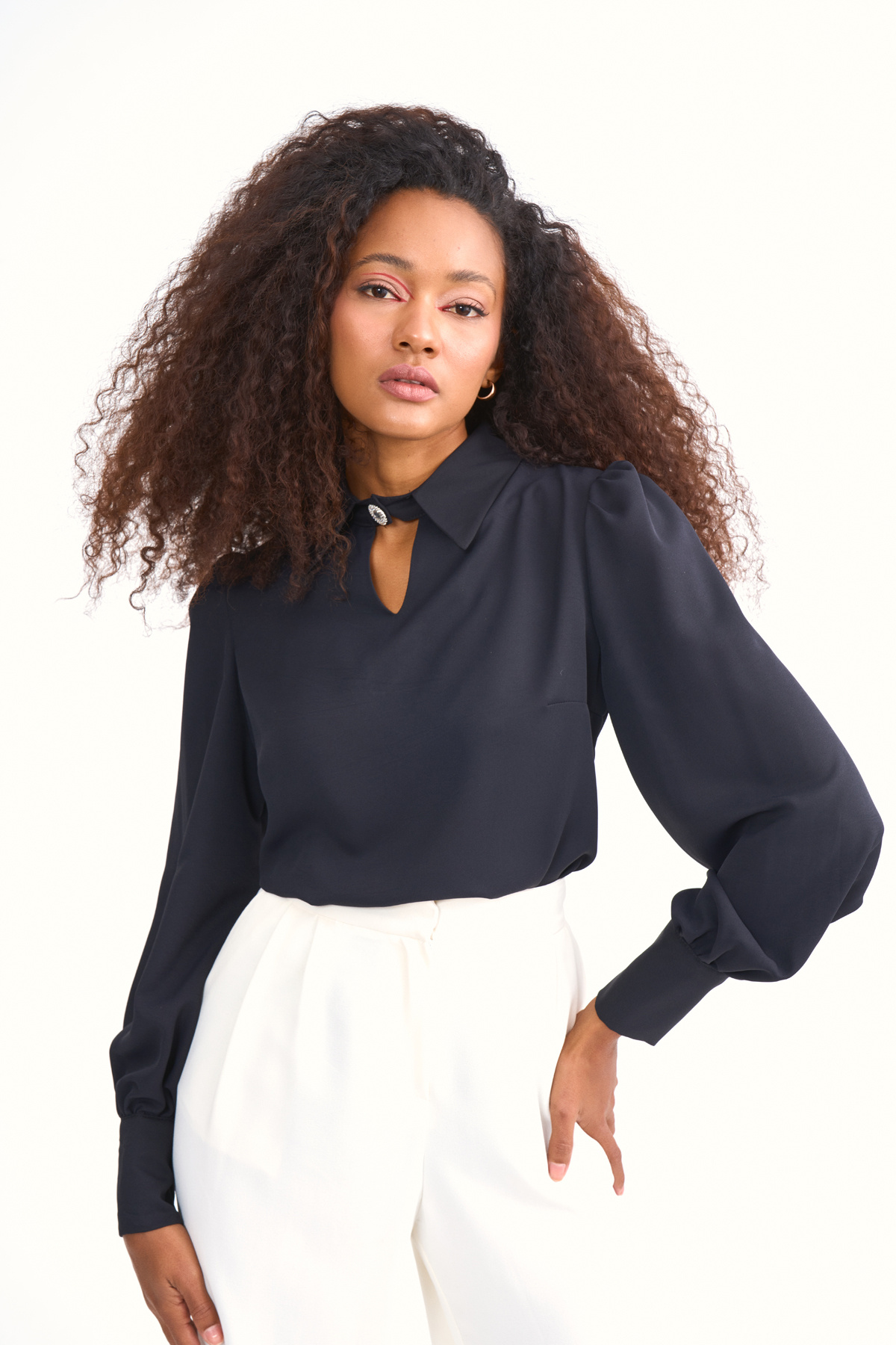 Stone buttoned shirt collar blouse - BLACK