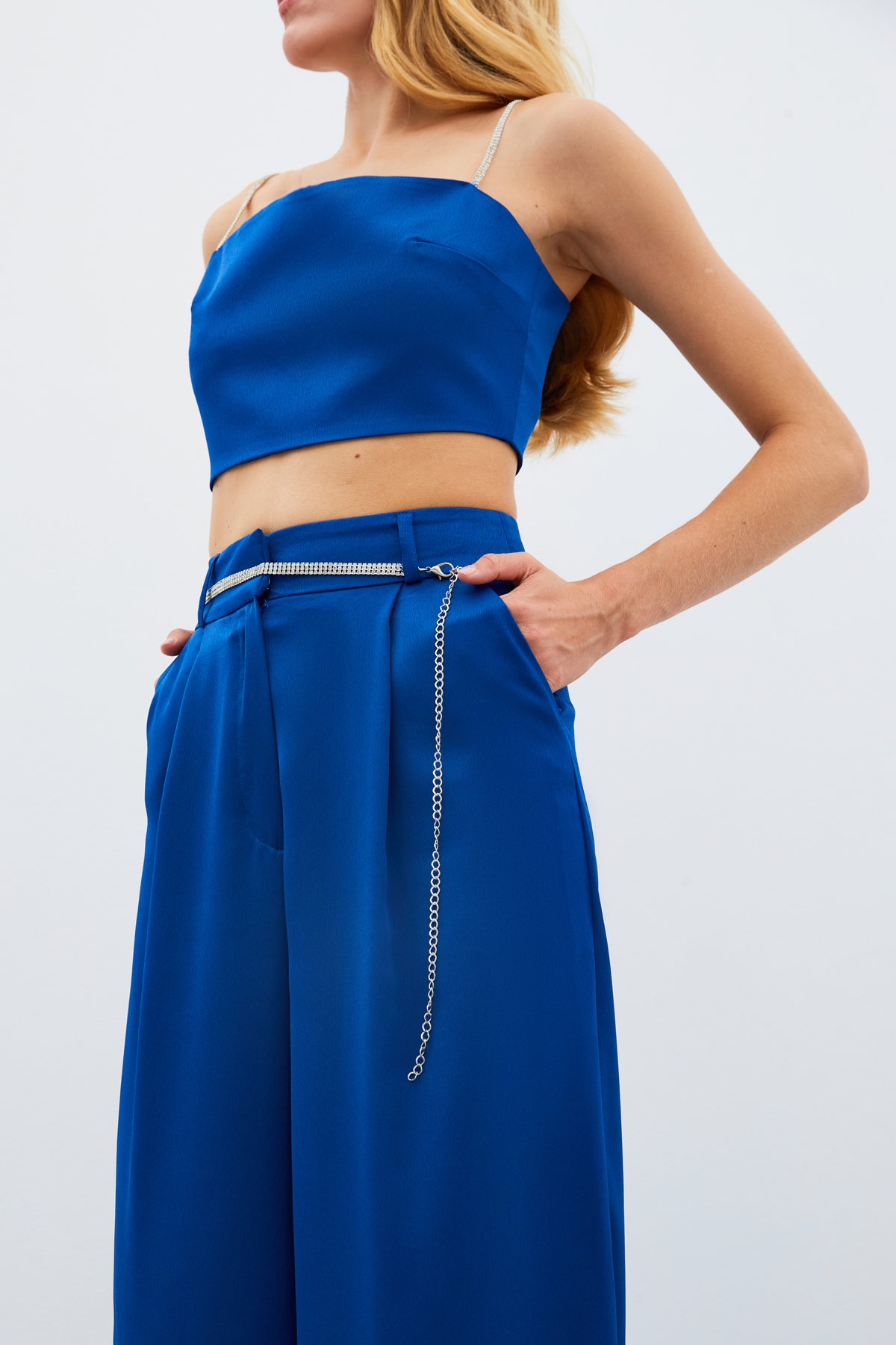 Taş Kemerli Saten Pantolon - MAVİ