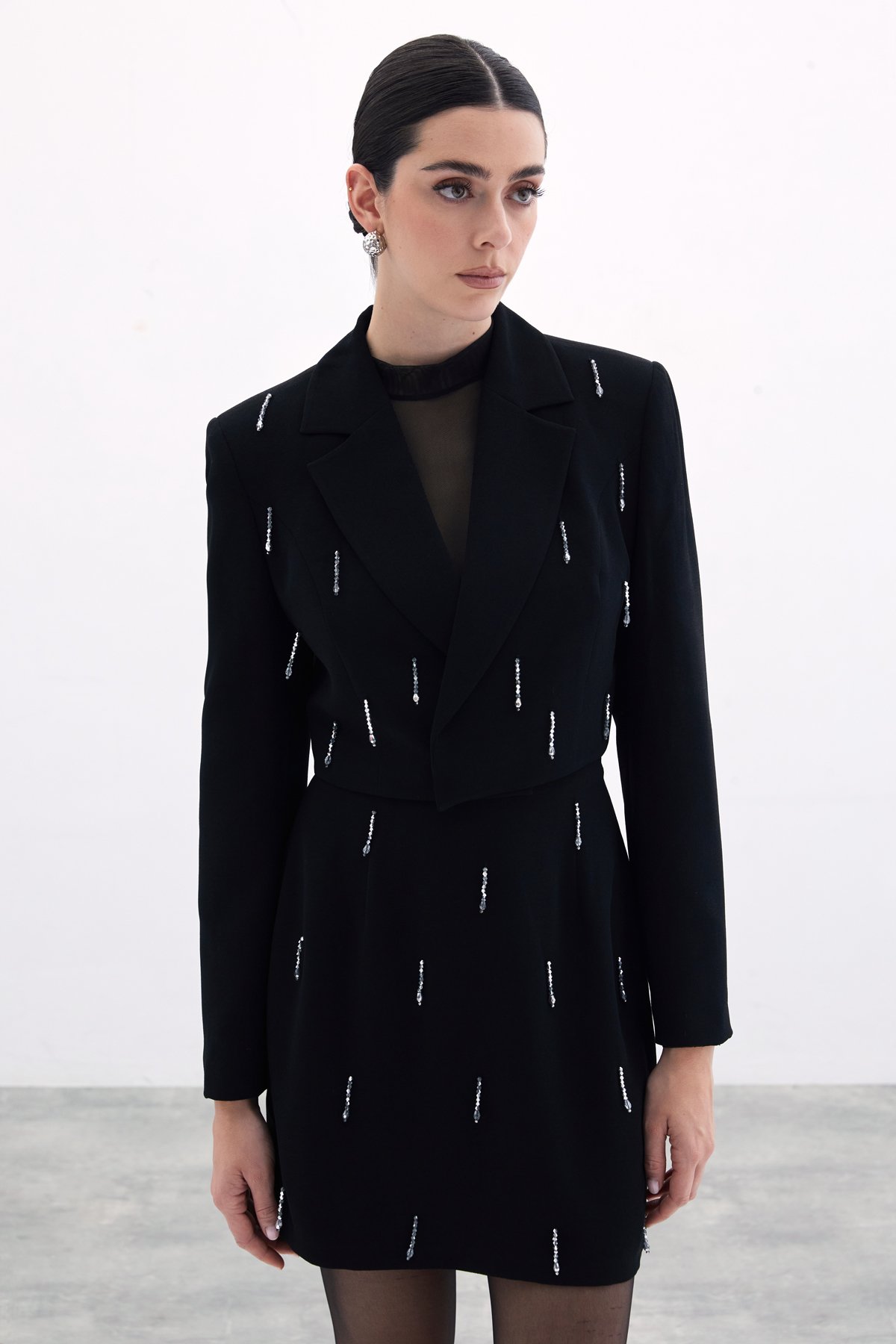 Taşlı Kısa Ceket - Siyah