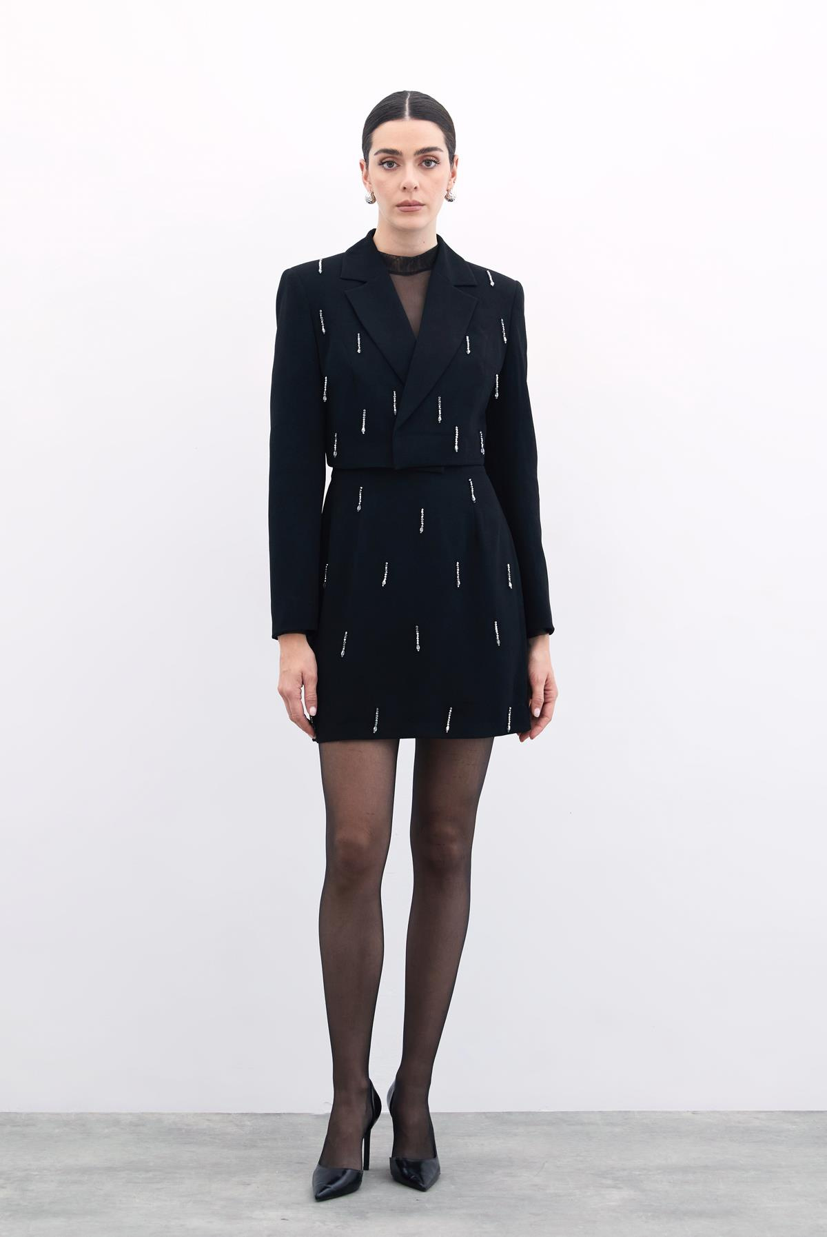 Taşlı Kısa Etek - Siyah