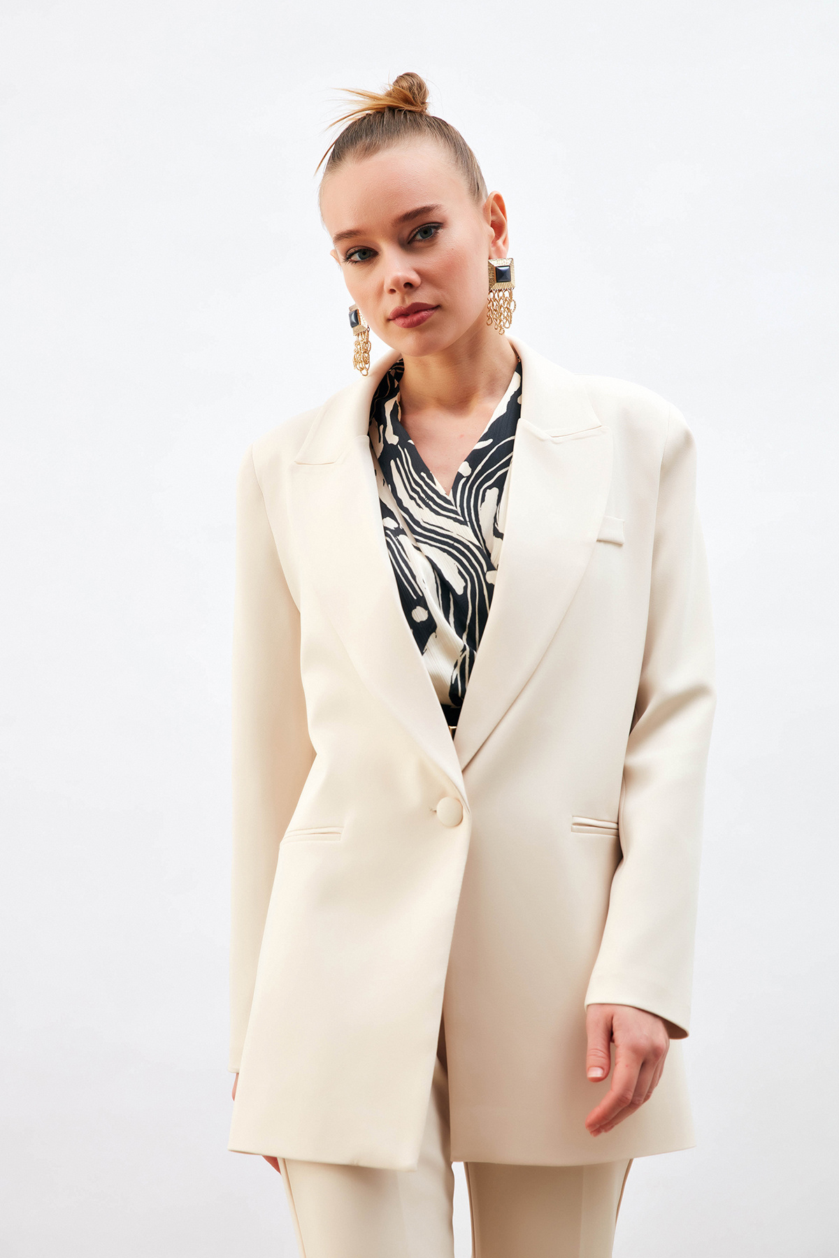 Tek Düğmeli Salaş Ceket - BEJ