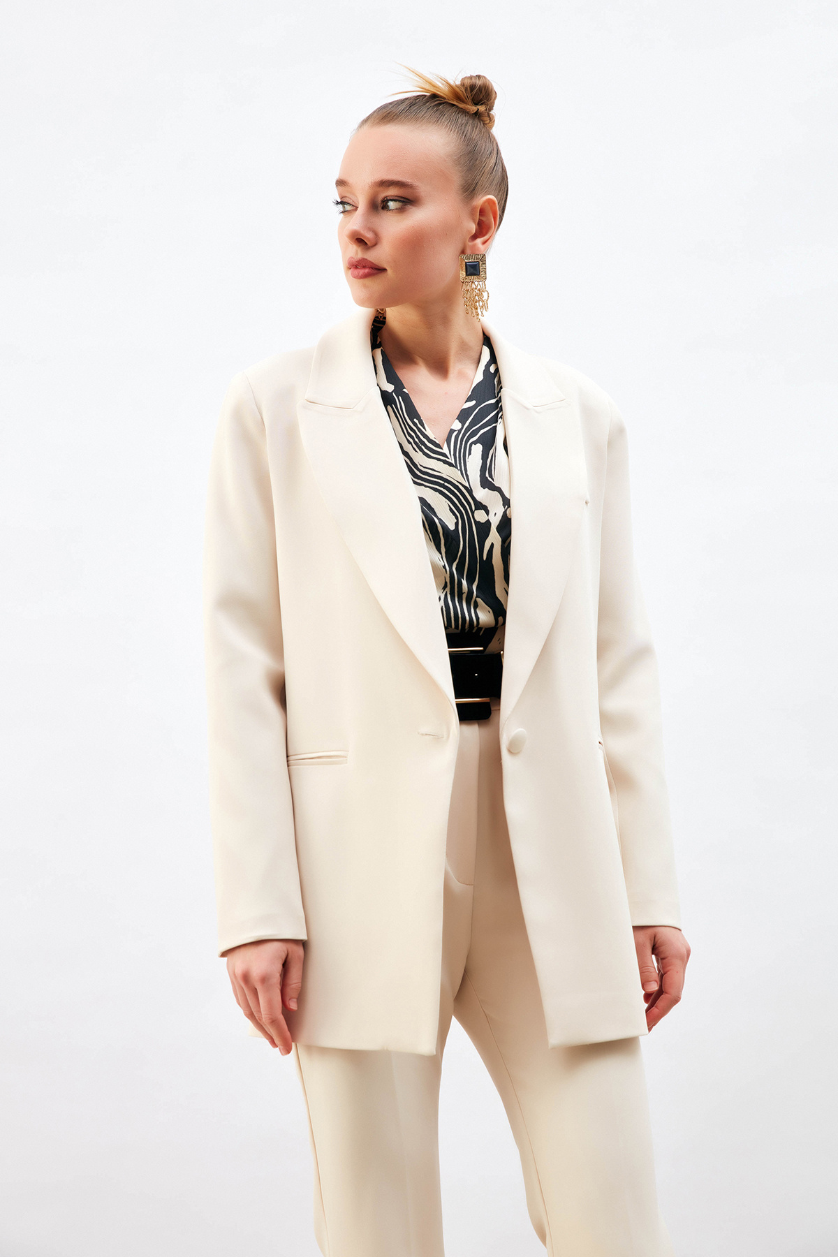 Tek Düğmeli Salaş Ceket - BEJ