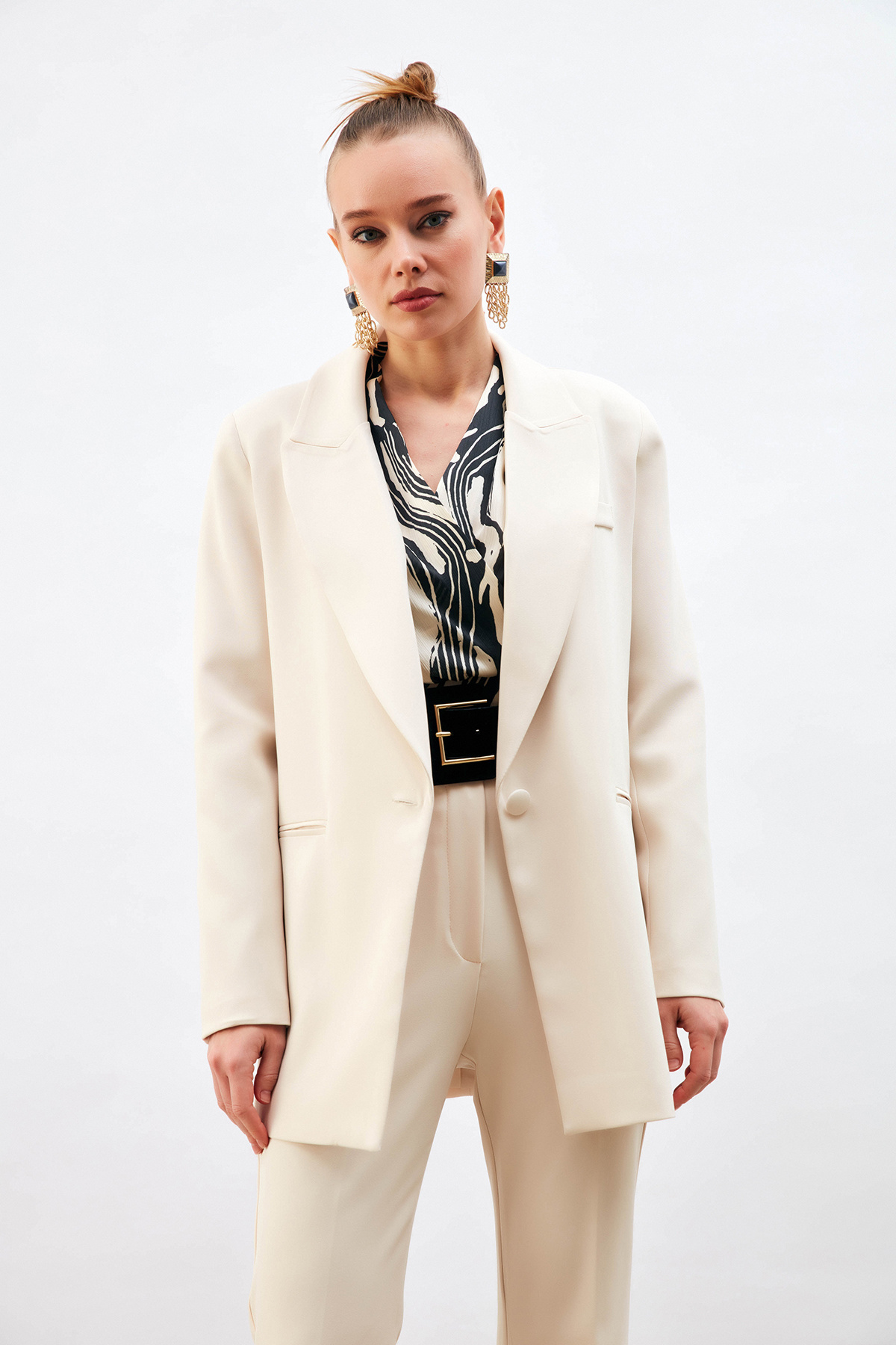 Tek Düğmeli Salaş Ceket - BEJ