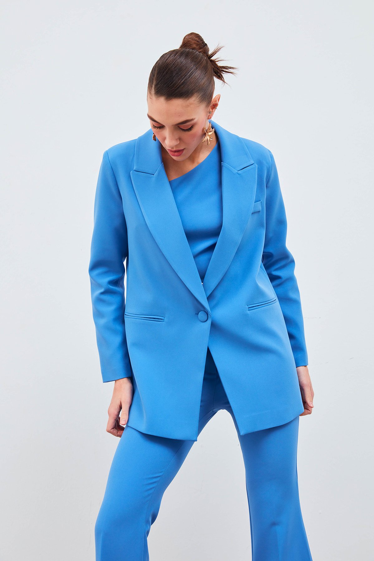 Tek Düğmeli Salaş Ceket - İNDİGO