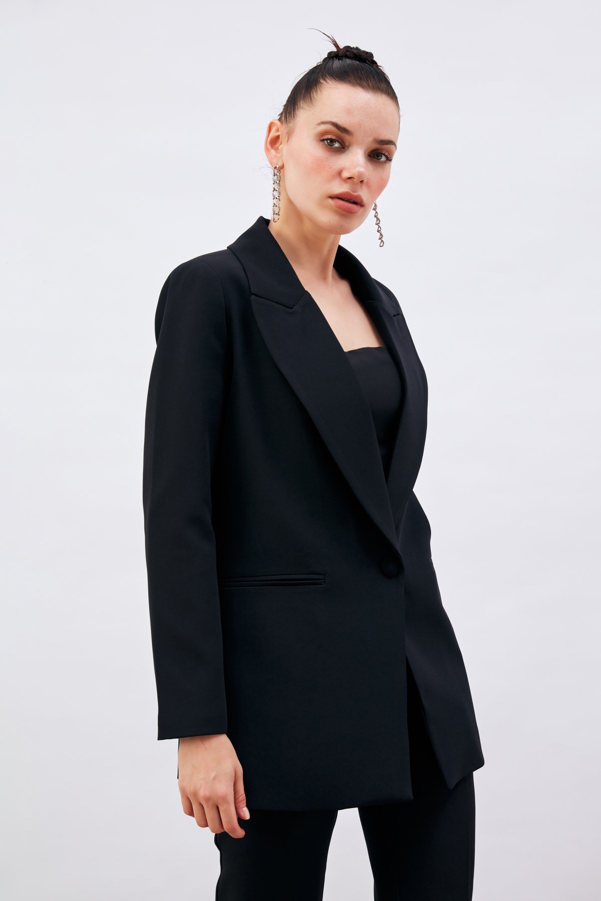 Tek Düğmeli Salaş Ceket - SİYAH