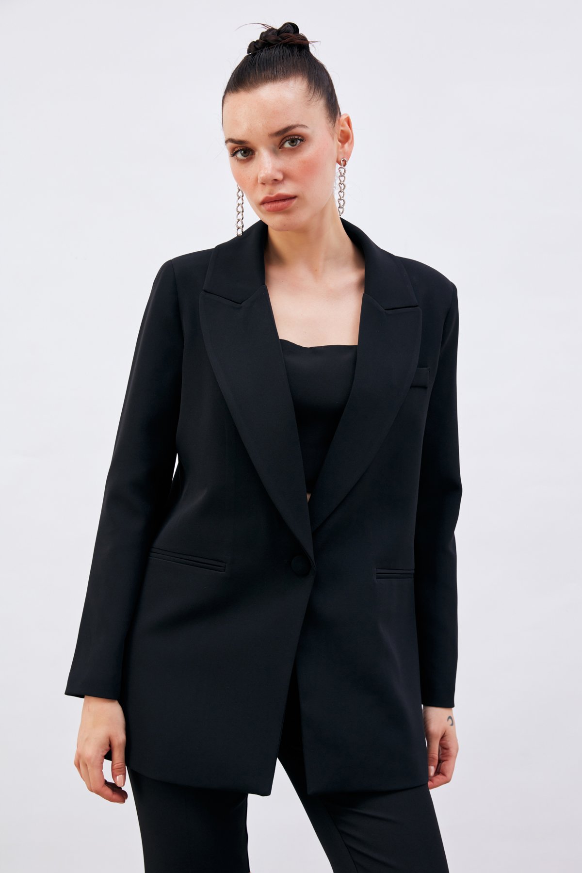 Tek Düğmeli Salaş Ceket - SİYAH