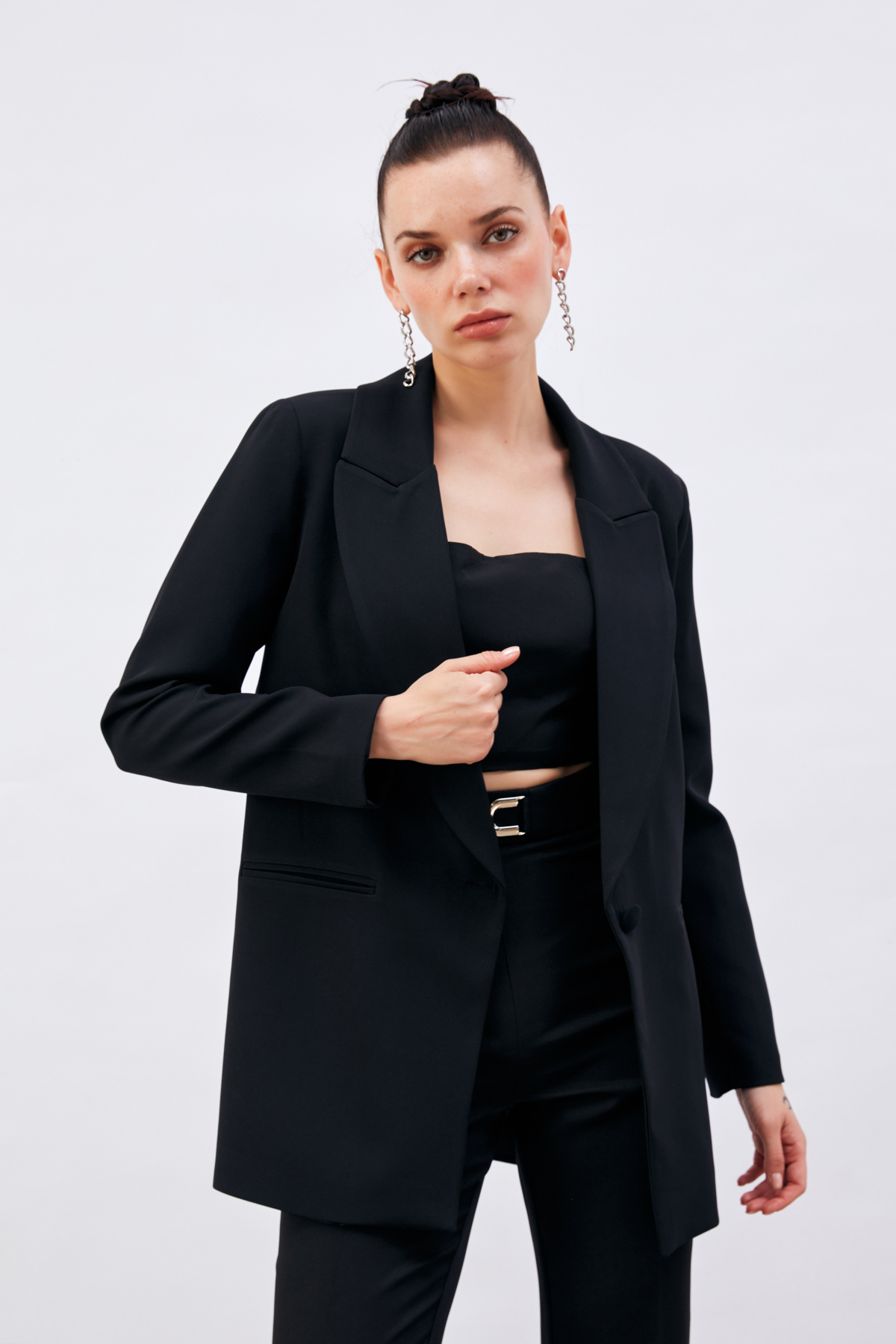 Tek Düğmeli Salaş Ceket - SİYAH