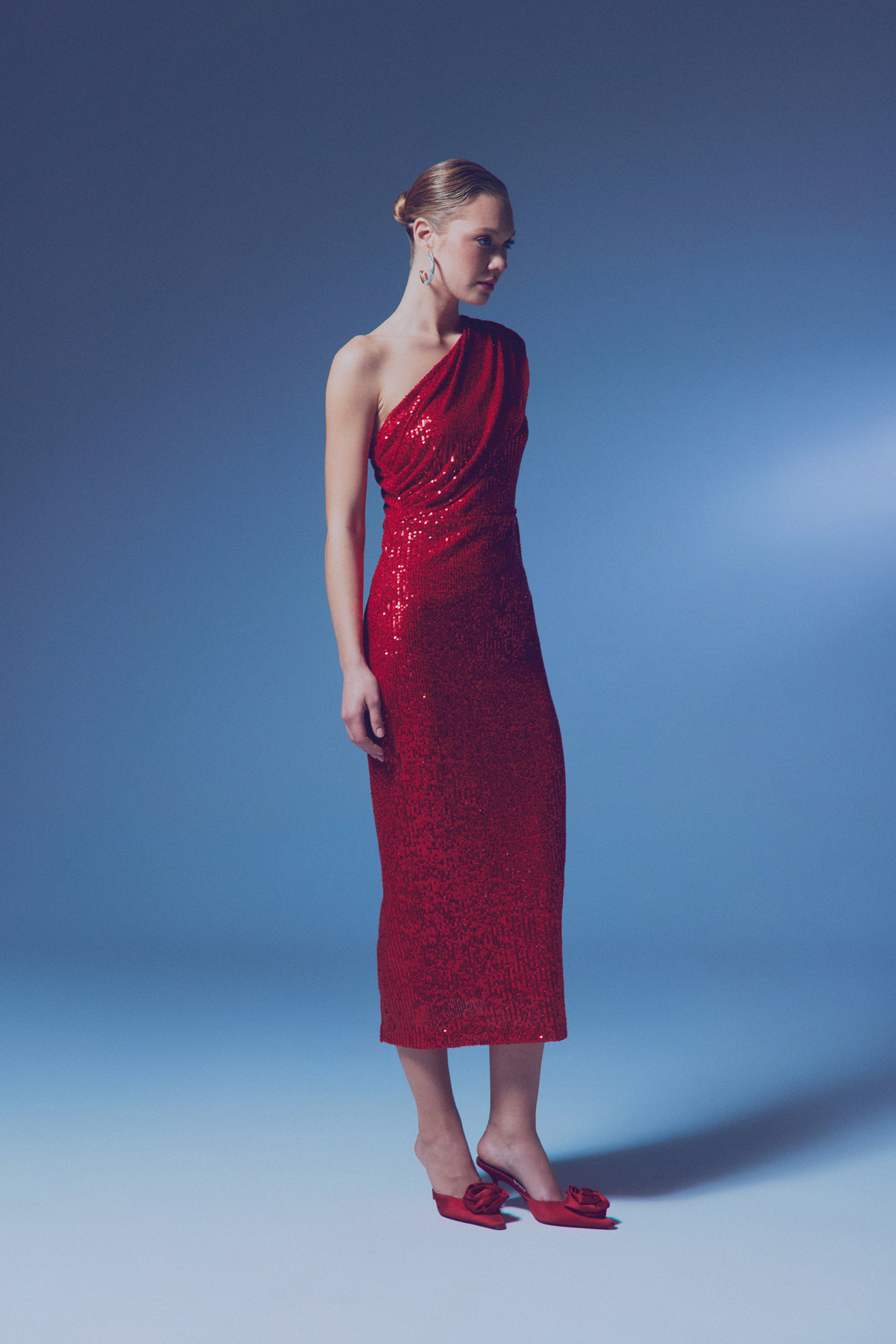 Tek Kollu Payet Elbise - KIRMIZI