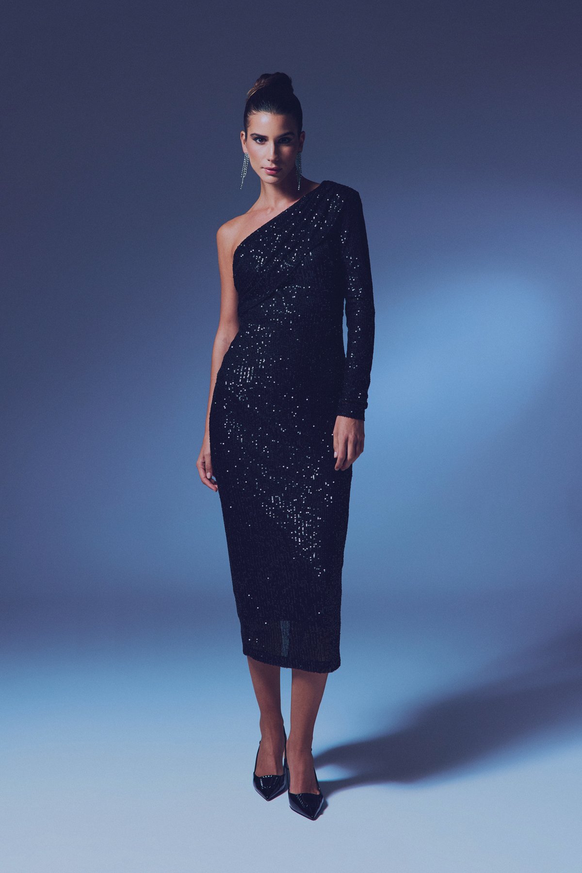 Tek Kollu Payet Elbise - SİYAH