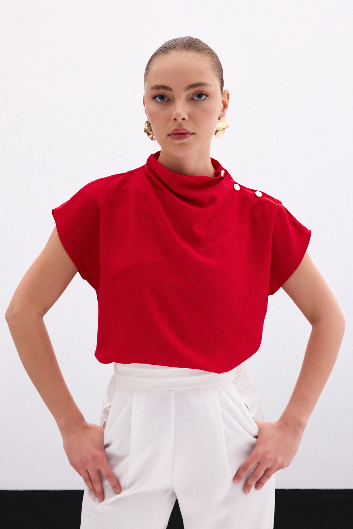 Tek Omuz Çıtçıtlı Bluz - Kırmızı