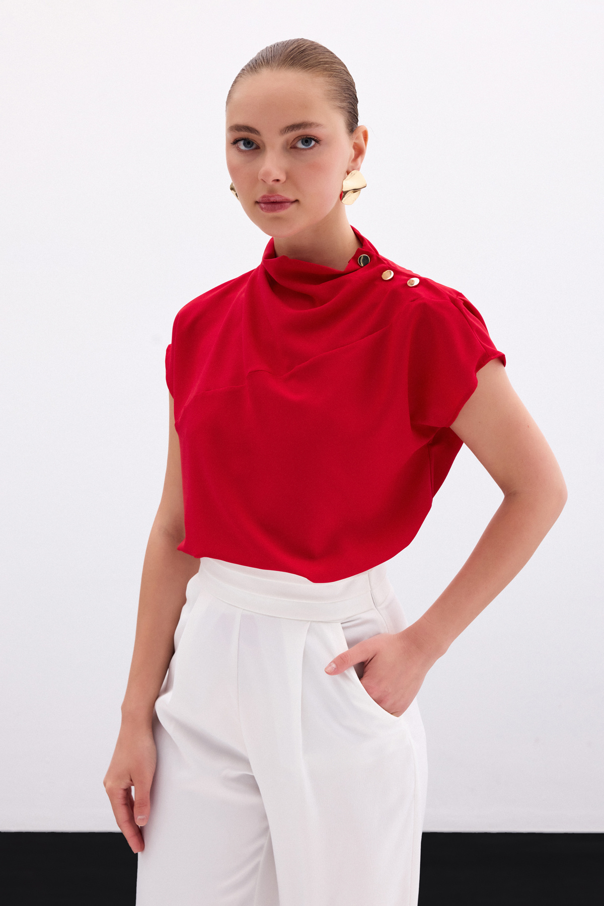 Tek Omuz Çıtçıtlı Bluz - Kırmızı