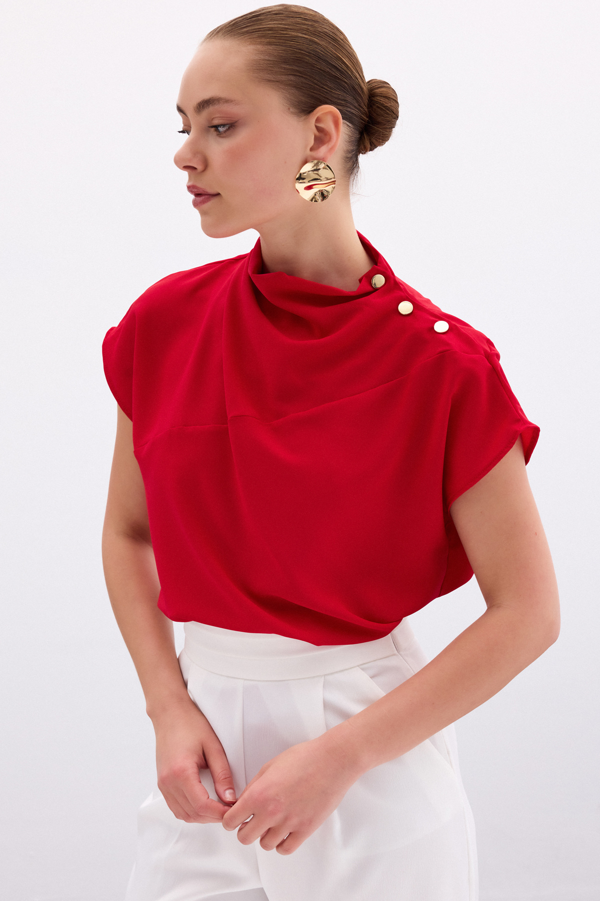 Tek Omuz Çıtçıtlı Bluz - Kırmızı