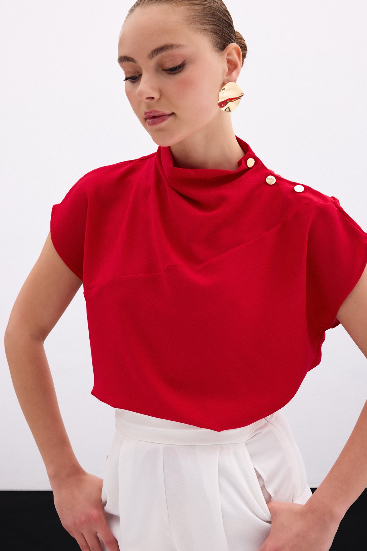 Tek Omuz Çıtçıtlı Bluz - Kırmızı