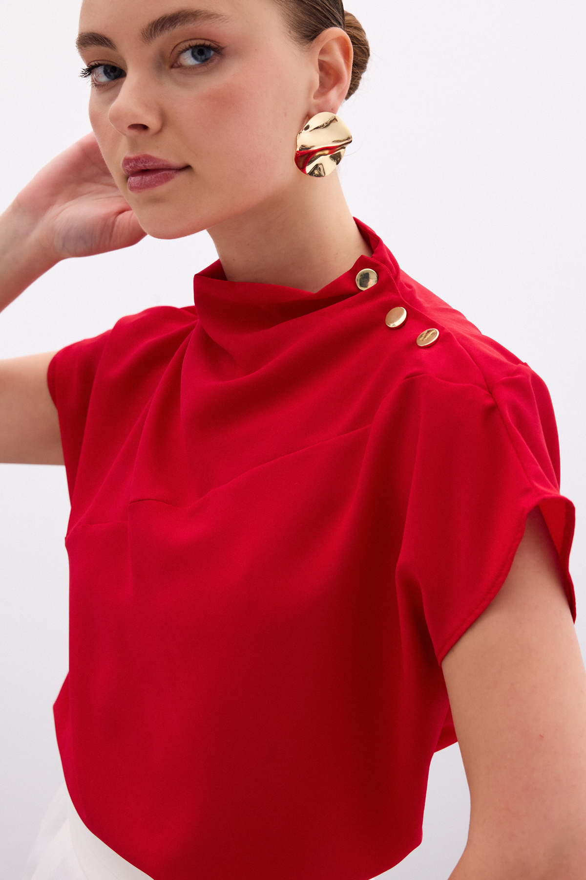 Tek Omuz Çıtçıtlı Bluz - Kırmızı